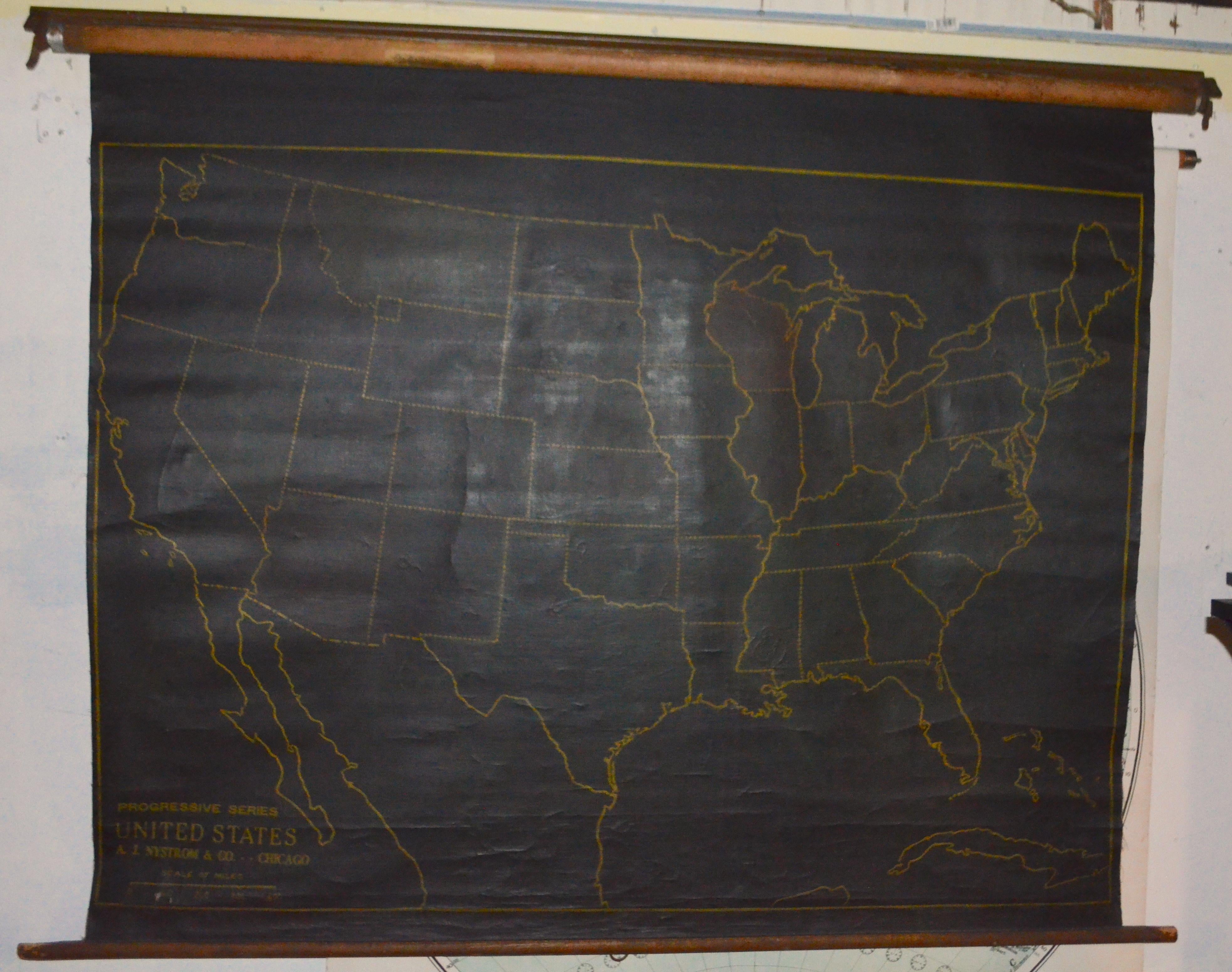 Schoolhouse Map of United States, Early 1900s, with Chalkboard Canvas on Retractable Roller For Sale