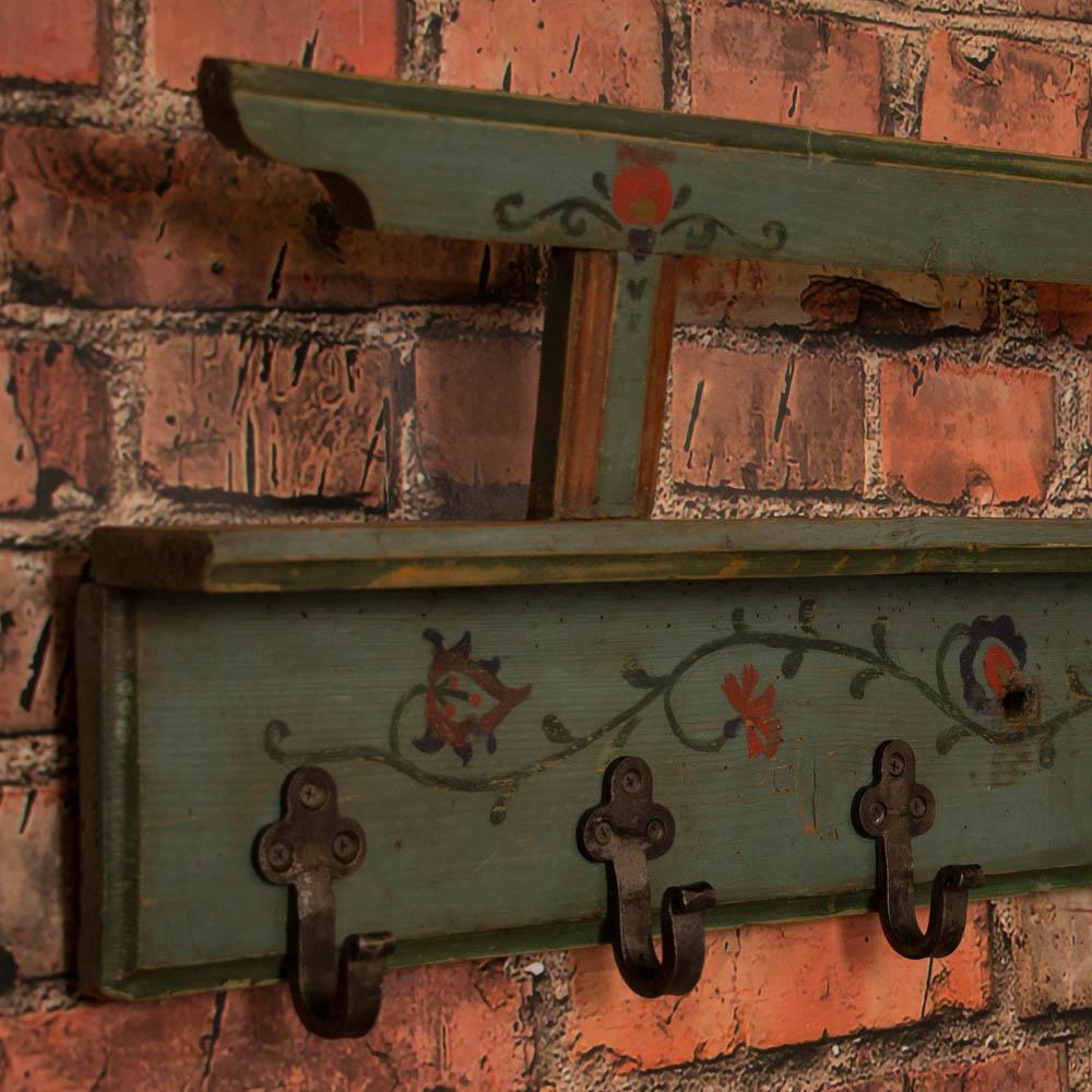 Antique Hungarian Folk Art Painted Wall Rack or Coat Hooks In Good Condition In Round Top, TX