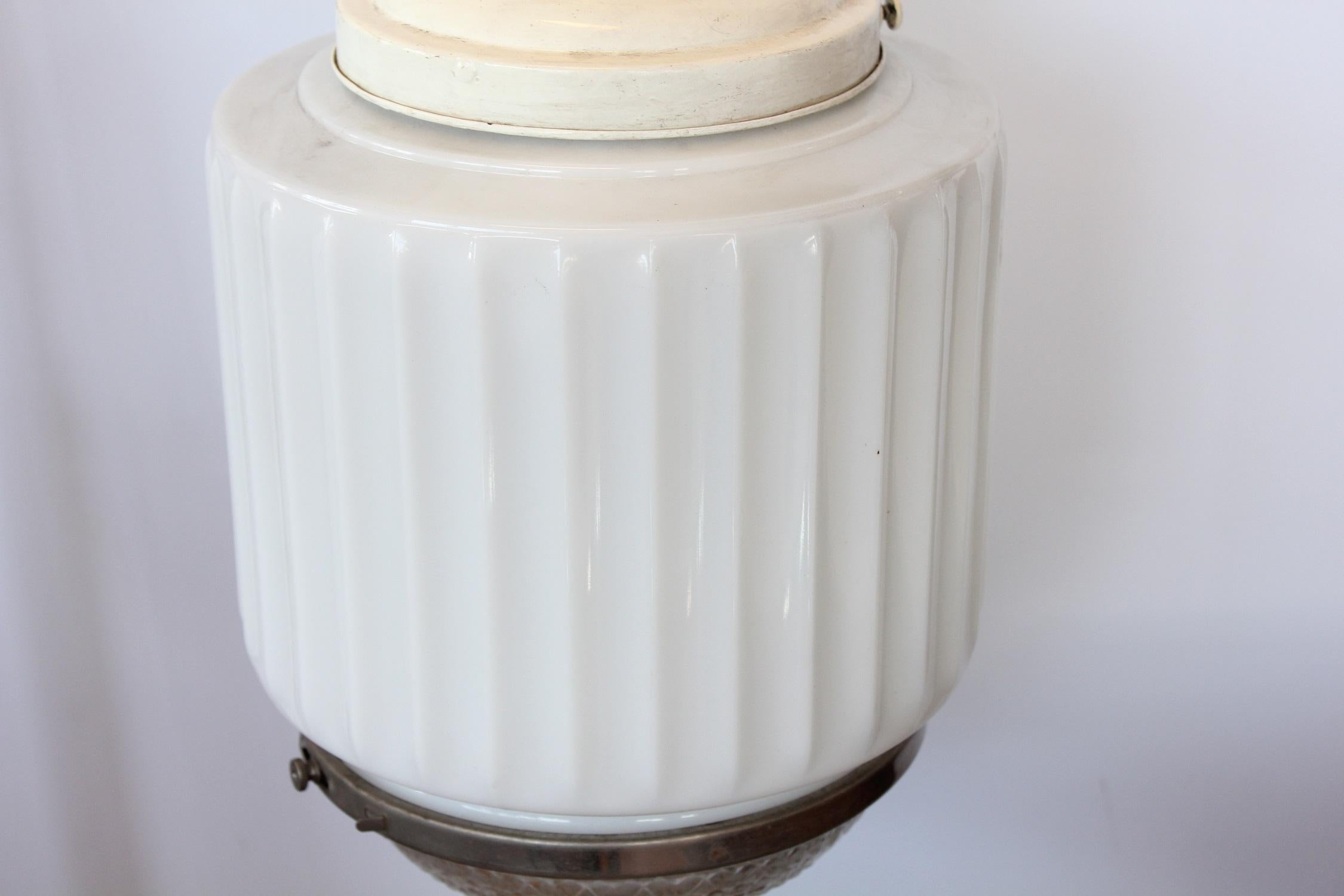 Antique Department Store Milk Glass Pendant Light In Good Condition For Sale In Chicago, IL