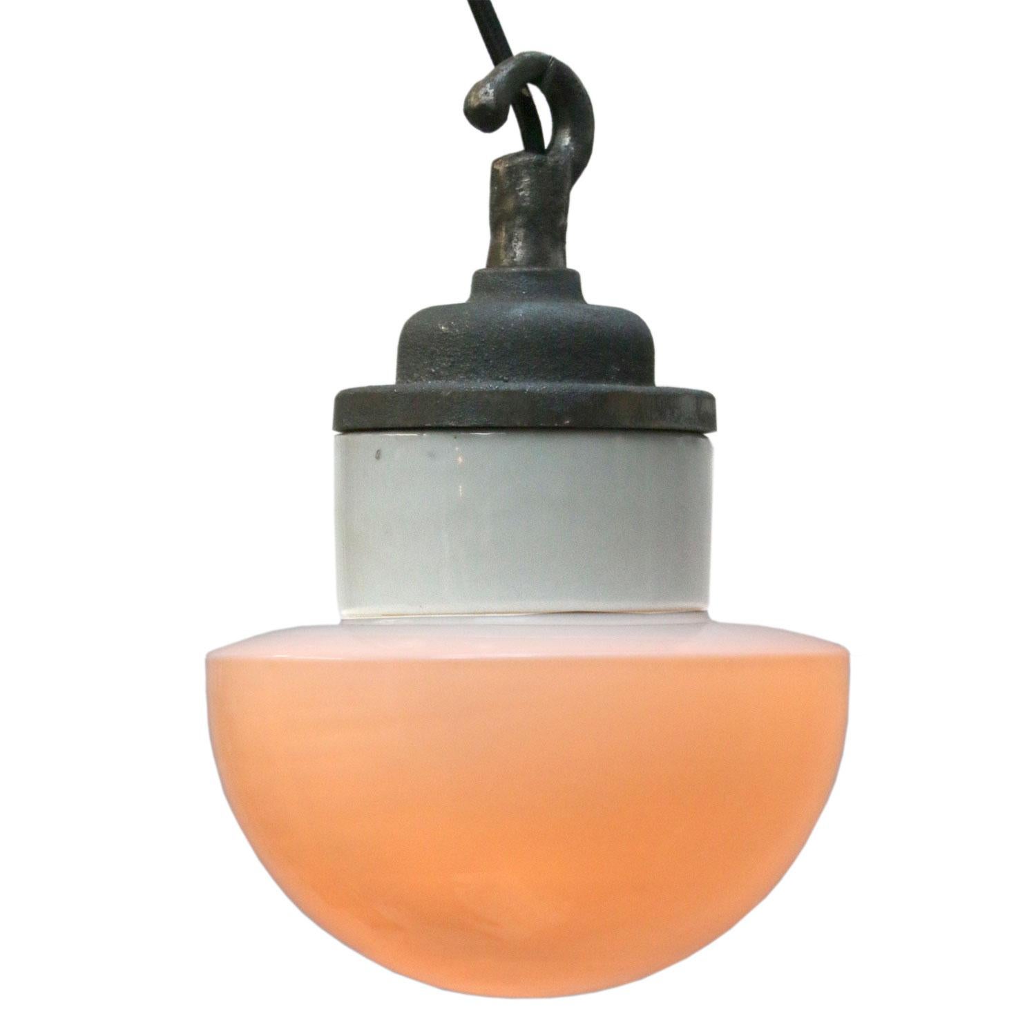 Porcelain Cast Iron Opaline Glass Industrial Hanging Lights In Excellent Condition In Amsterdam, NL