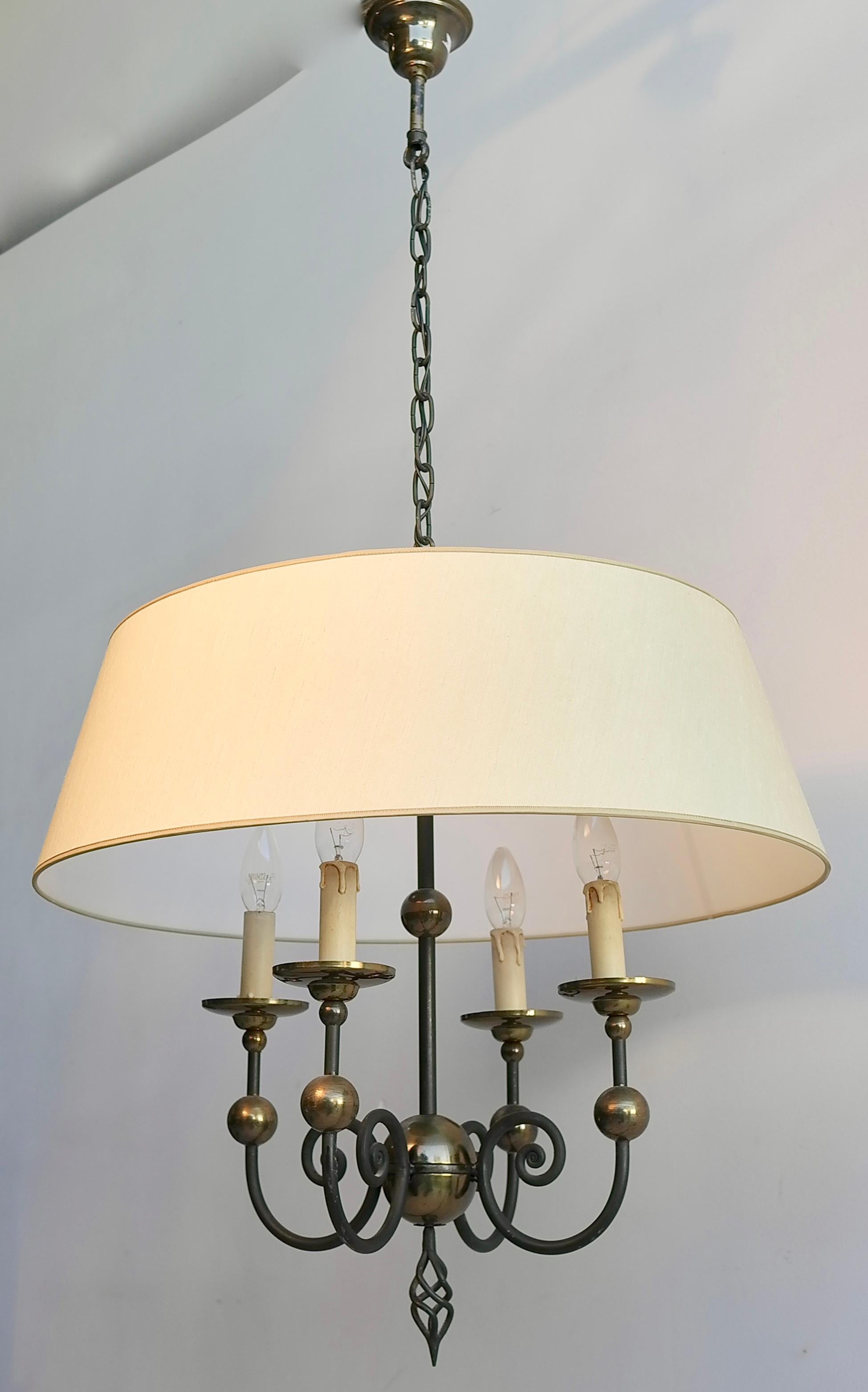 French Midcentury Wrought Iron Chandelier with Brass Balls and Silk Hood In Good Condition For Sale In Den Haag, NL