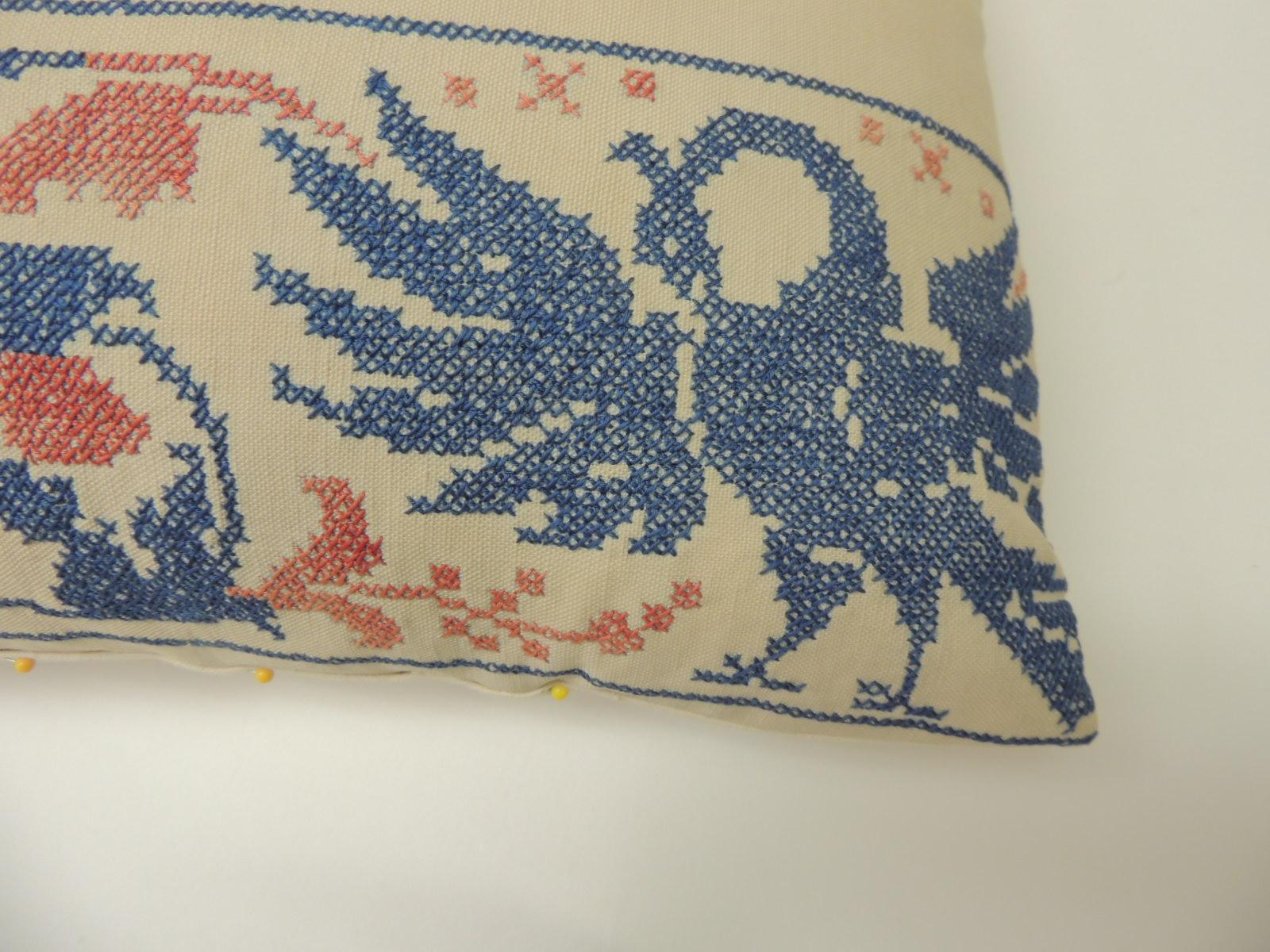 Hand-Crafted Greek Isle Red and Blue Embroidery Antique Decorative Pillow