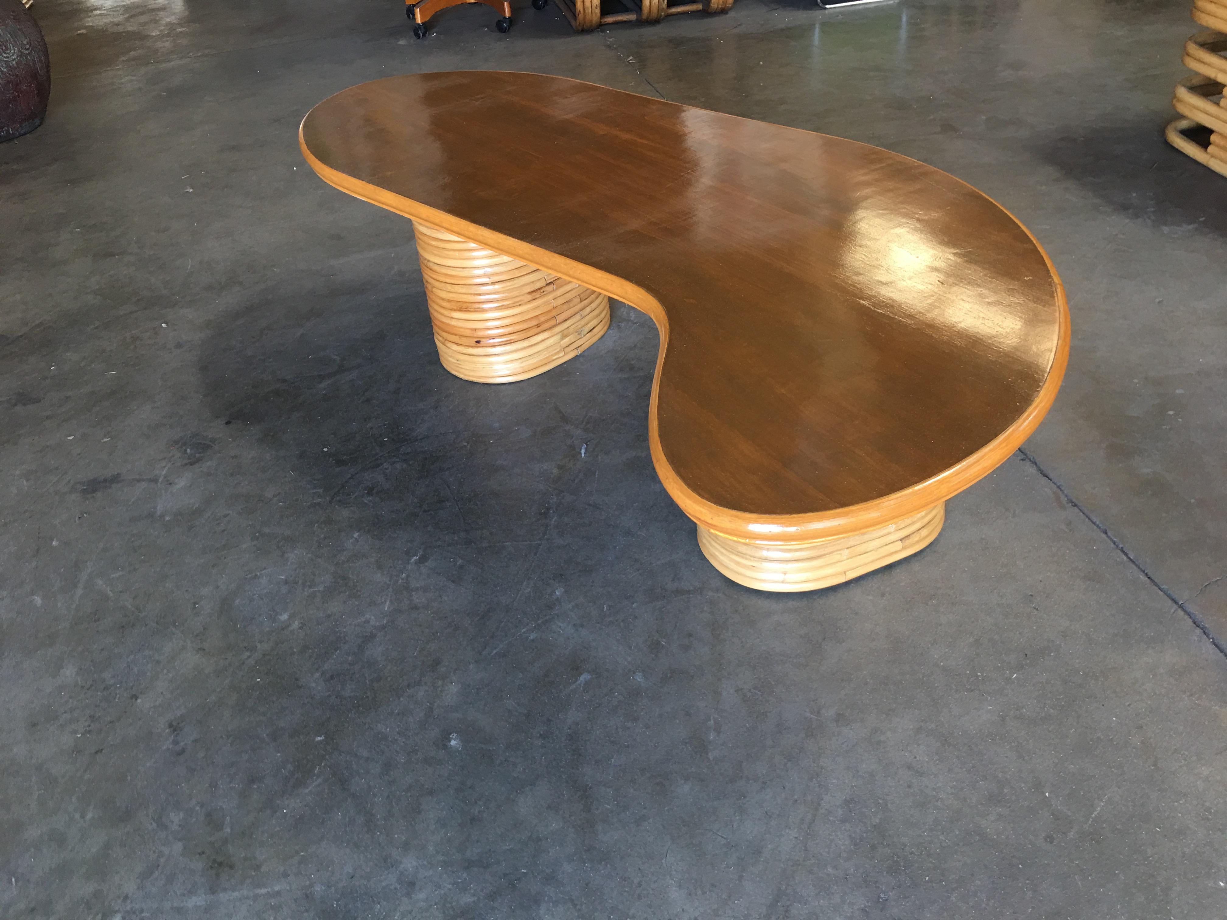 American Long Biomorphic Rattan Coffee Table with Wood Top