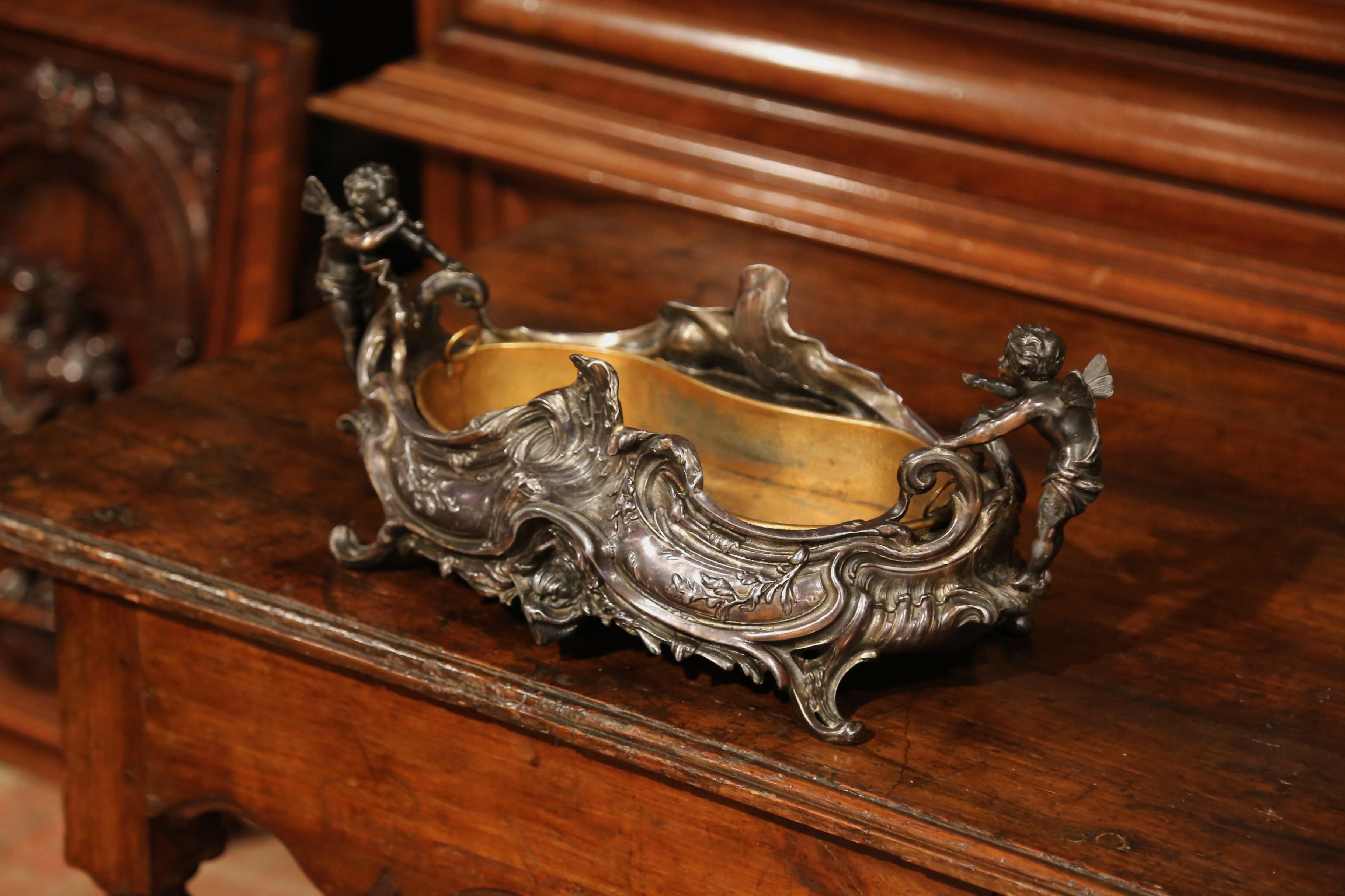 19th Century French Louis XV Pewter Centrepiece with Cherubs and Inside Liner In Good Condition In Dallas, TX