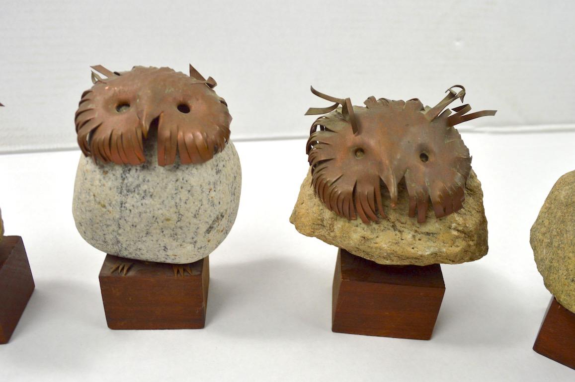 Seven-Piece Collection Brutalist Owls with Copper Heads and Feet with Stone Body In Excellent Condition In New York, NY