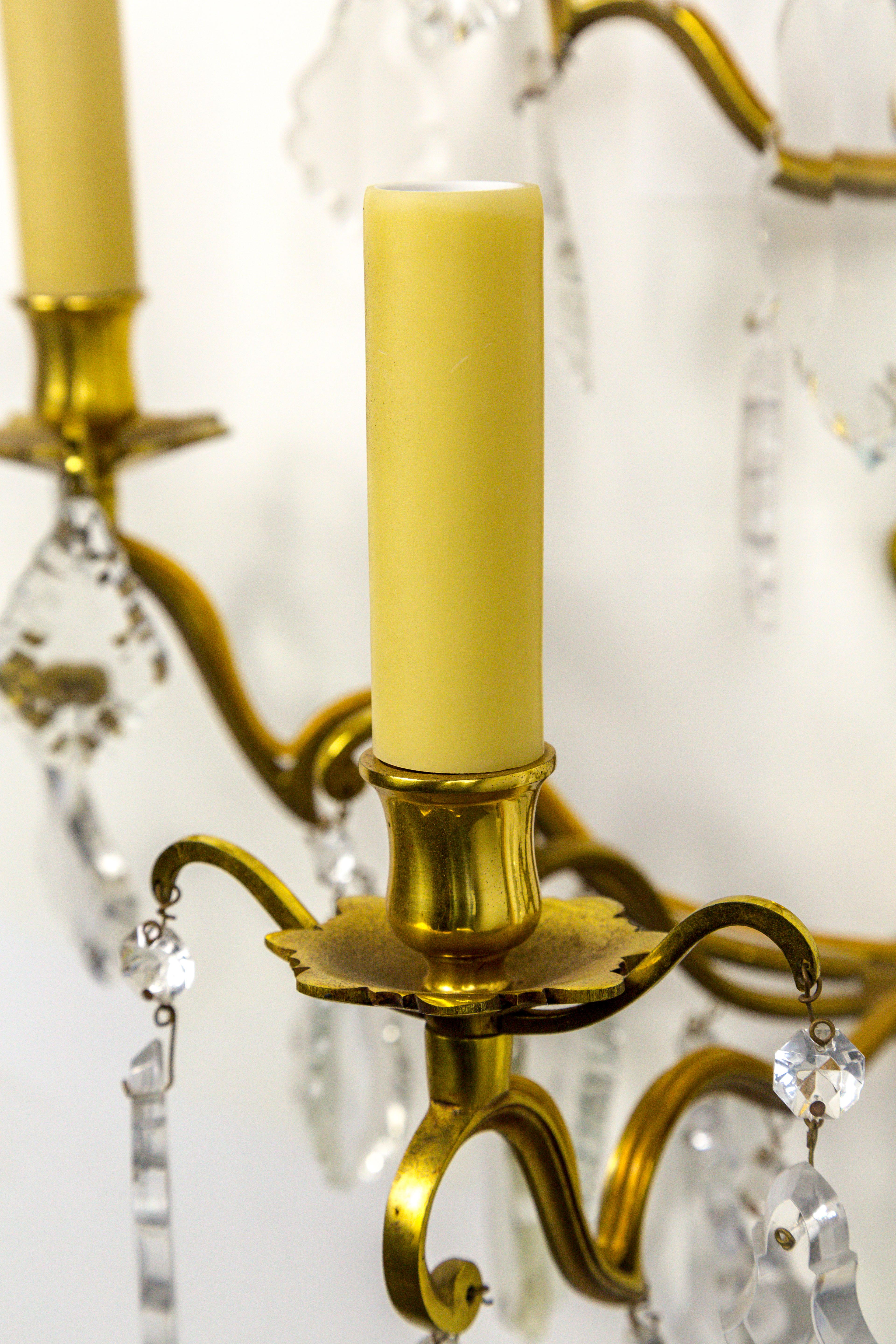 Early 20th Century French Double Tier Crystal Candelabra Sconces, Sold Individually