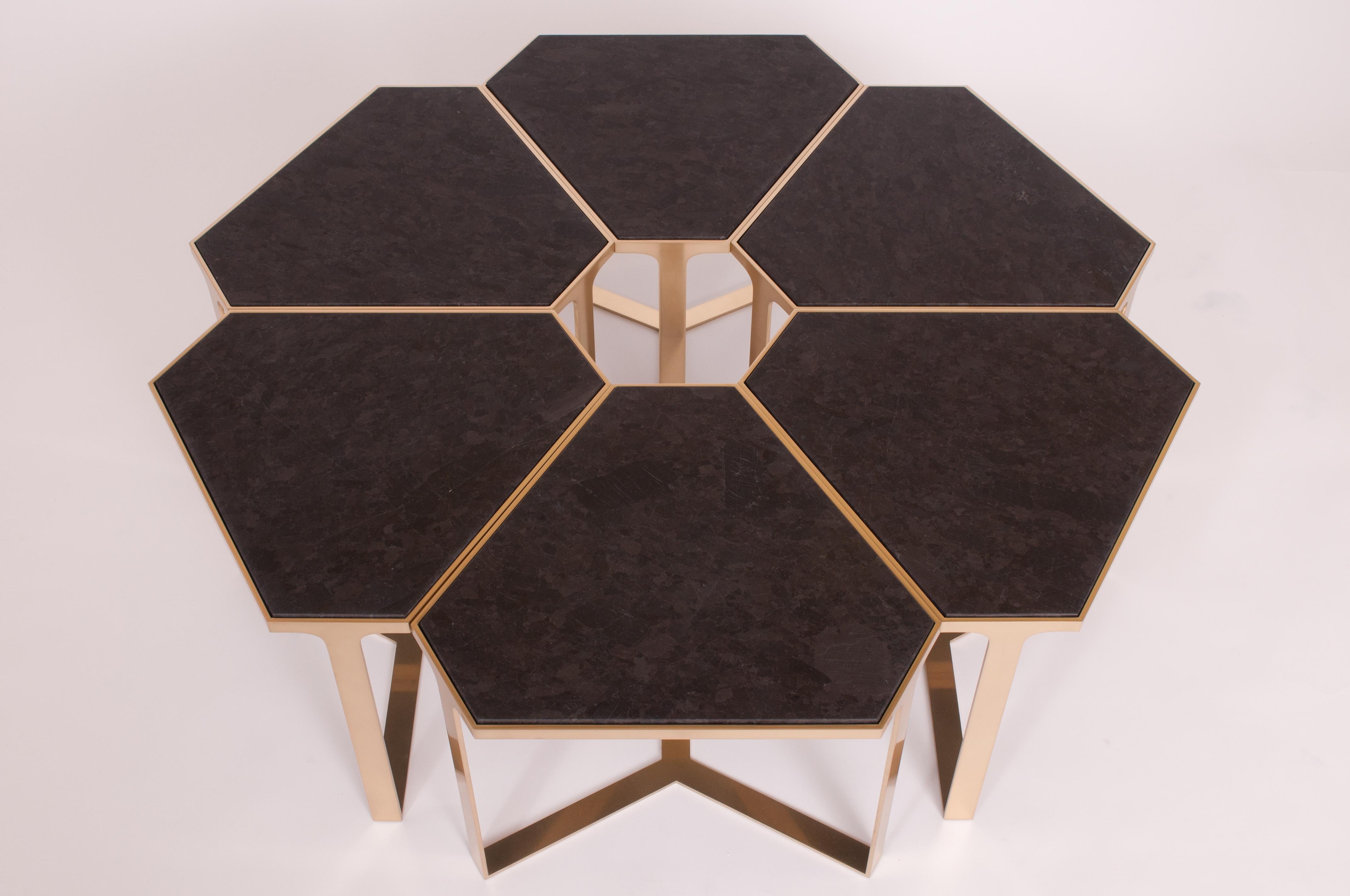 Donghia Forma Table with Satin Brass Base and Antique Stone Top In New Condition For Sale In New York, NY