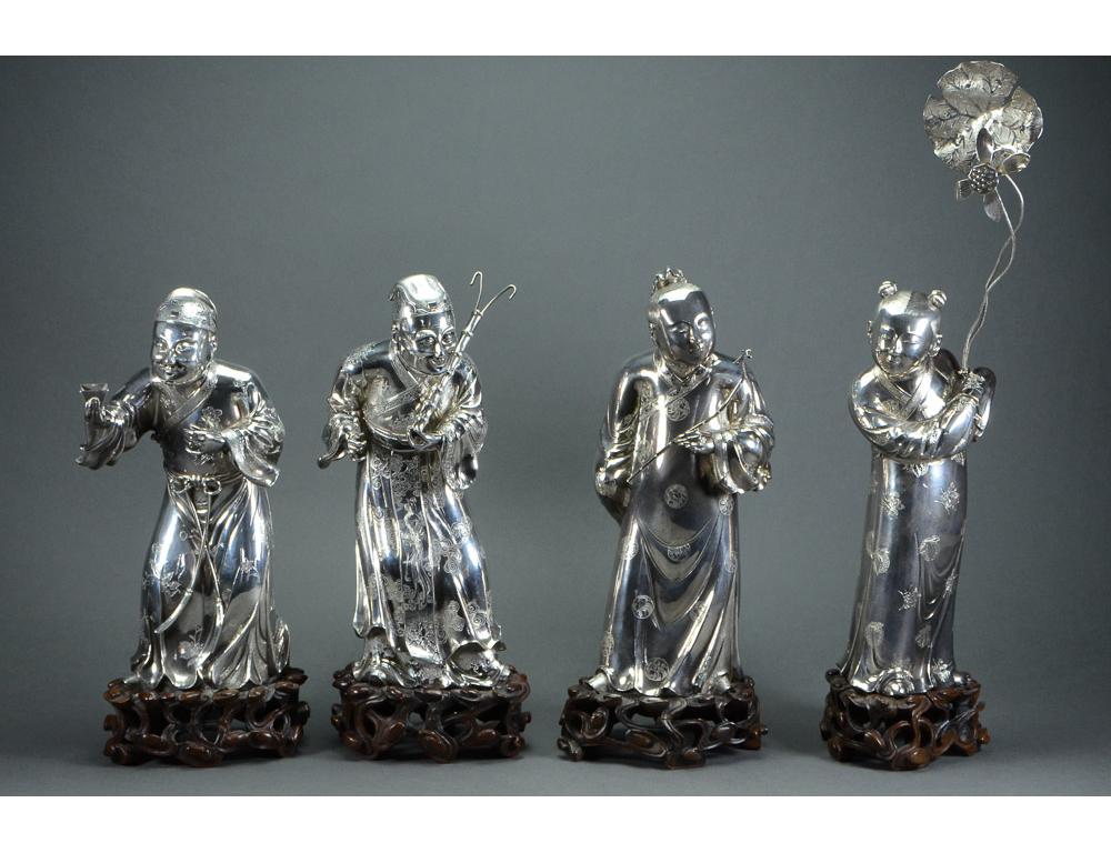 Sculpté à la main Figures en argent de huit immortels Yangqinghe Jiuji portant les marques de la fin de la dynastie Qing en vente