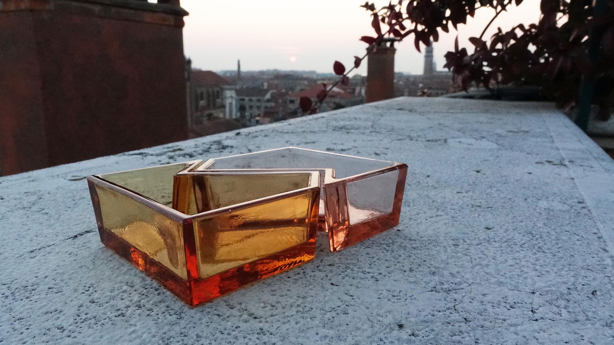Italian Campbell-Rey Salt and Pepper Holder in Pink and Amber Murano Glass