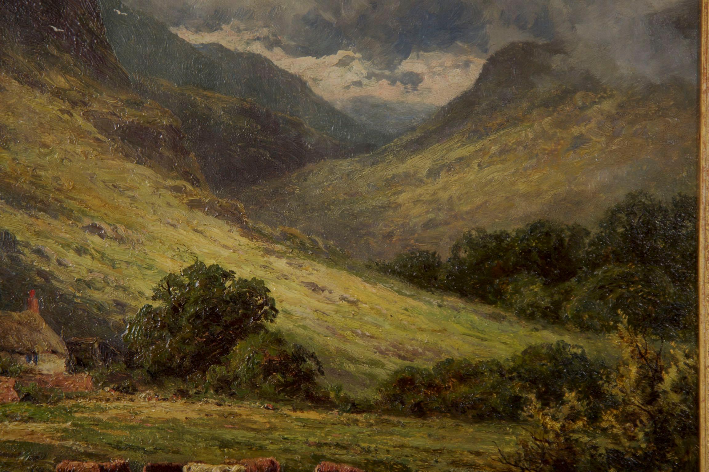 English Henry Parker Oil Landscape Painting of Shepherd’s Cottage