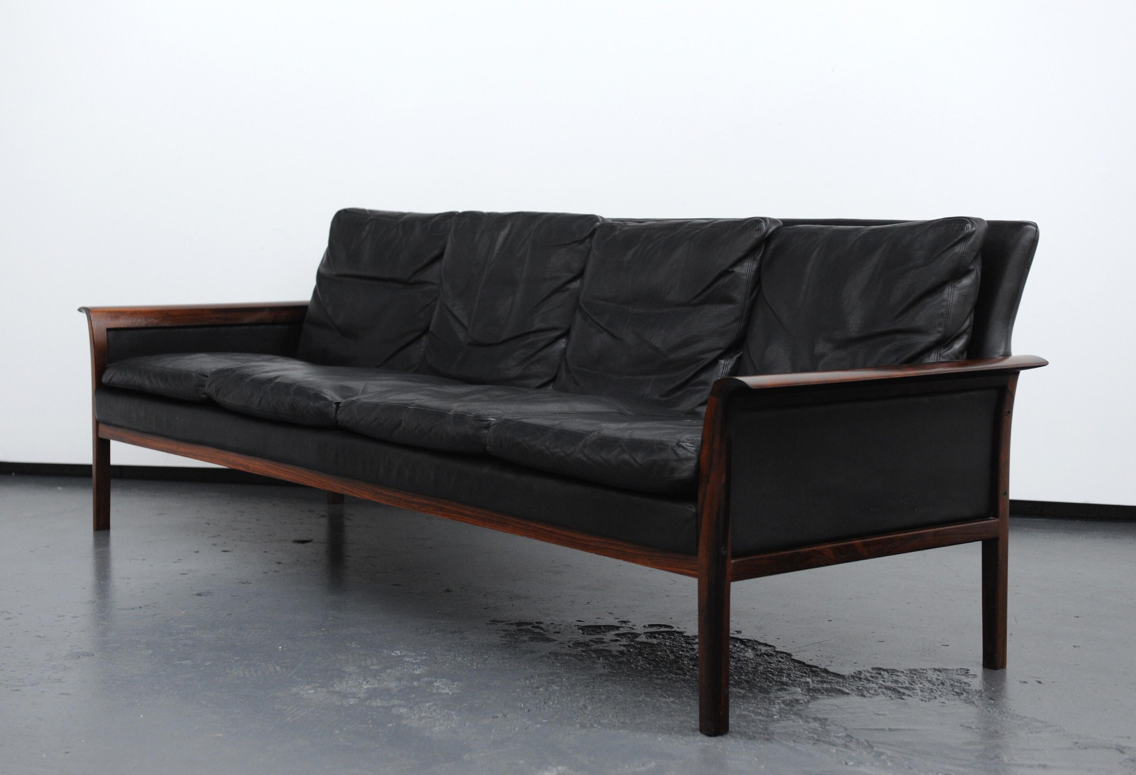 Norwegian Four-Seat Sofa in Rosewood and Black Leather by Hans Olsen for Vatne, Norway