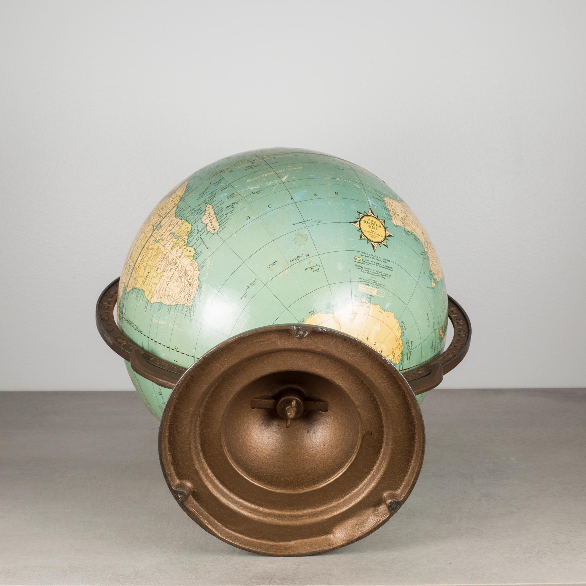 1920s Terrestrial Globe with Metal Bracket and Base In Good Condition In San Francisco, CA
