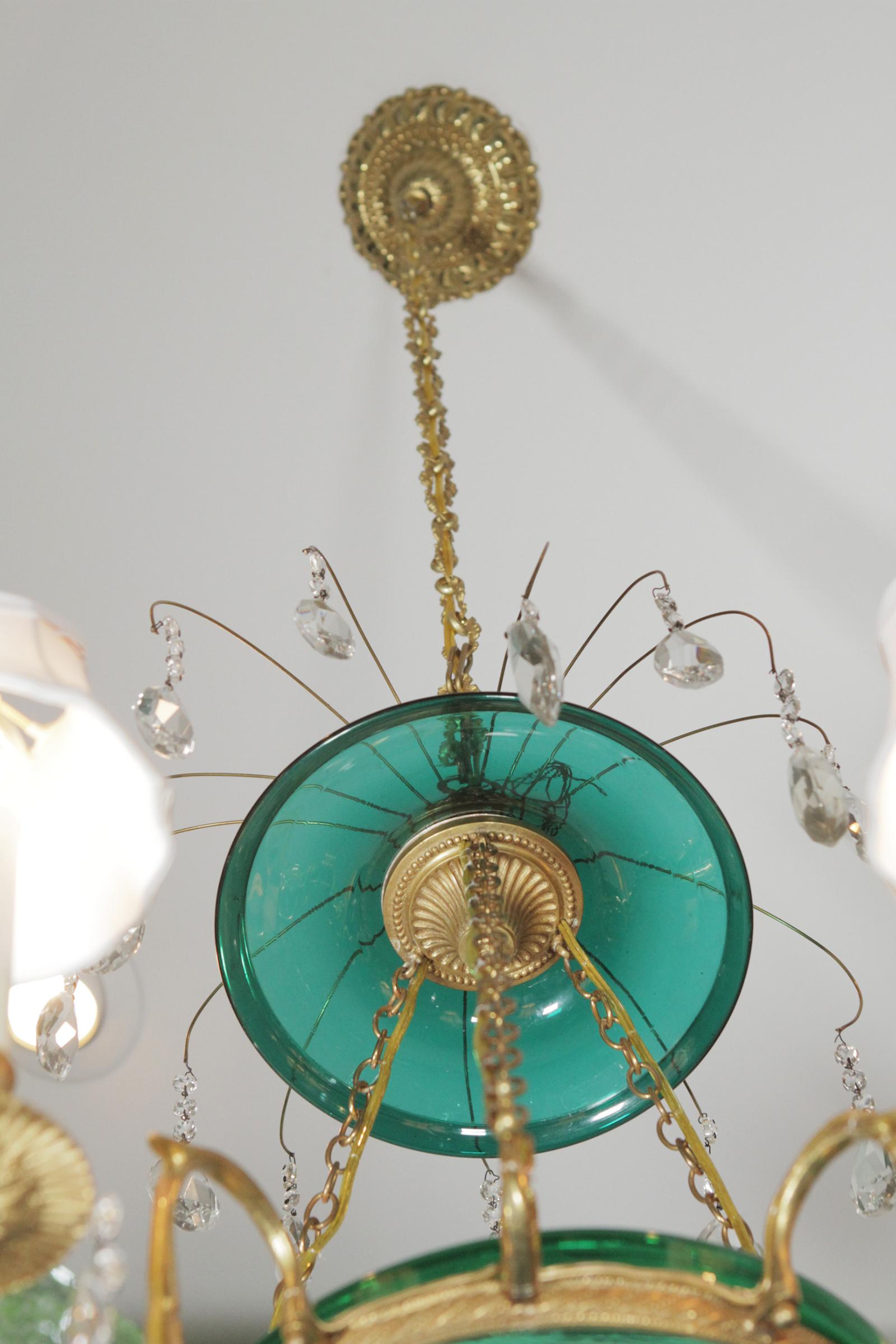 Elegant Gilt Bronze and Emerald Green Glass Chandelier In Excellent Condition In Lambertville, NJ