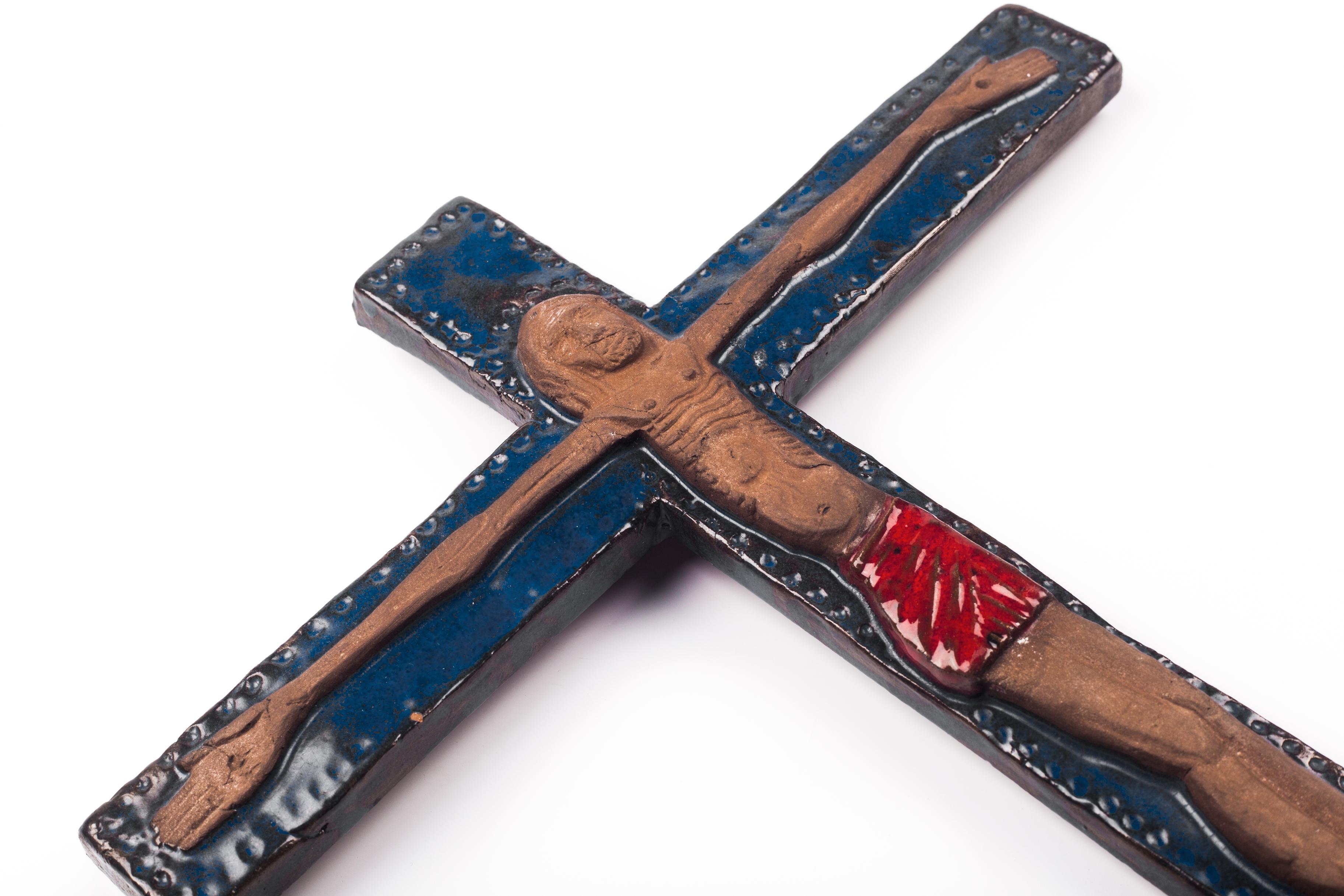 Glazed Large Wall Cross, Blue, Red Painted Ceramic, Handmade in Belgium, 1970s