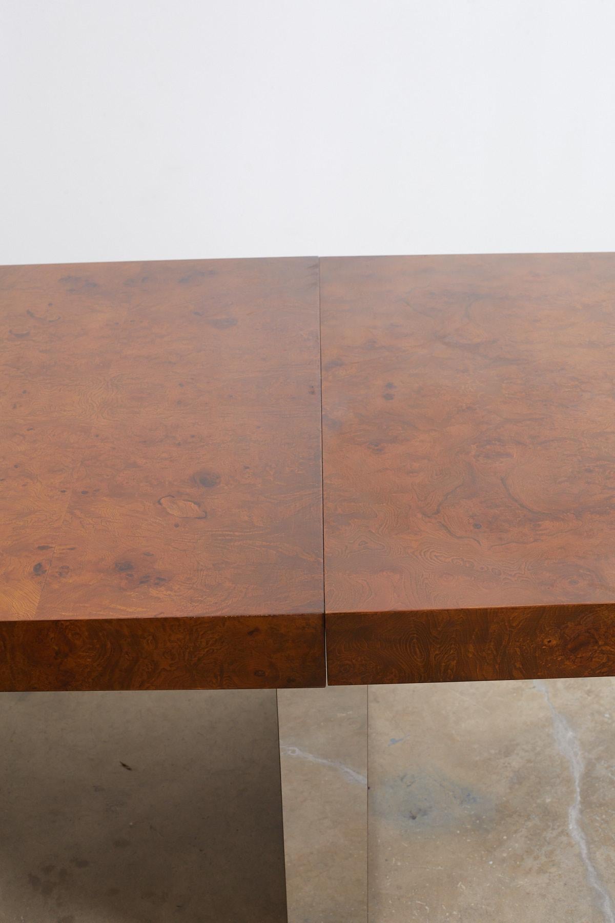 Mid-Century Modern Milo Baughman Burl Wood Chrome Extension Dining Table
