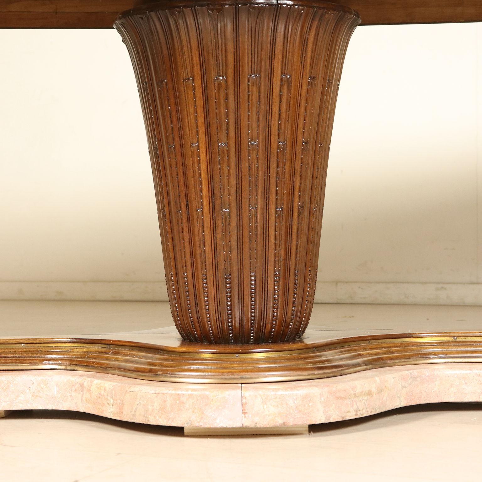 Carved Large Table Marble Base Walnut Brass Vintage, Italy, 1940s