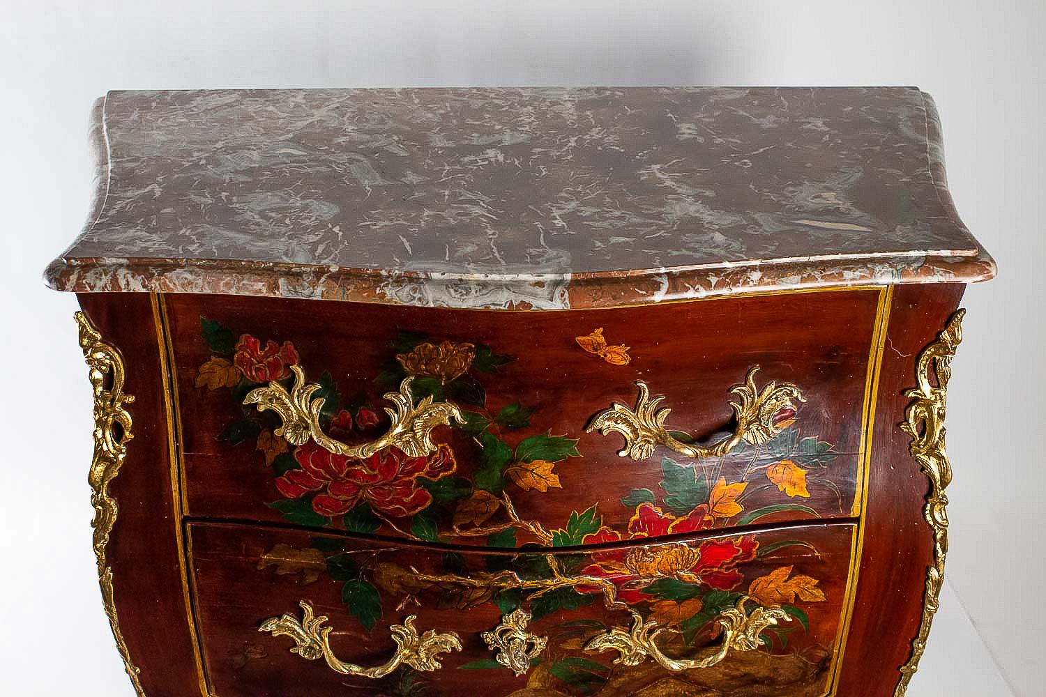 Breccia Marble Louis XV Style Early 20th Century Lacquer Commode Flowers and Chinoiserie Scenes For Sale