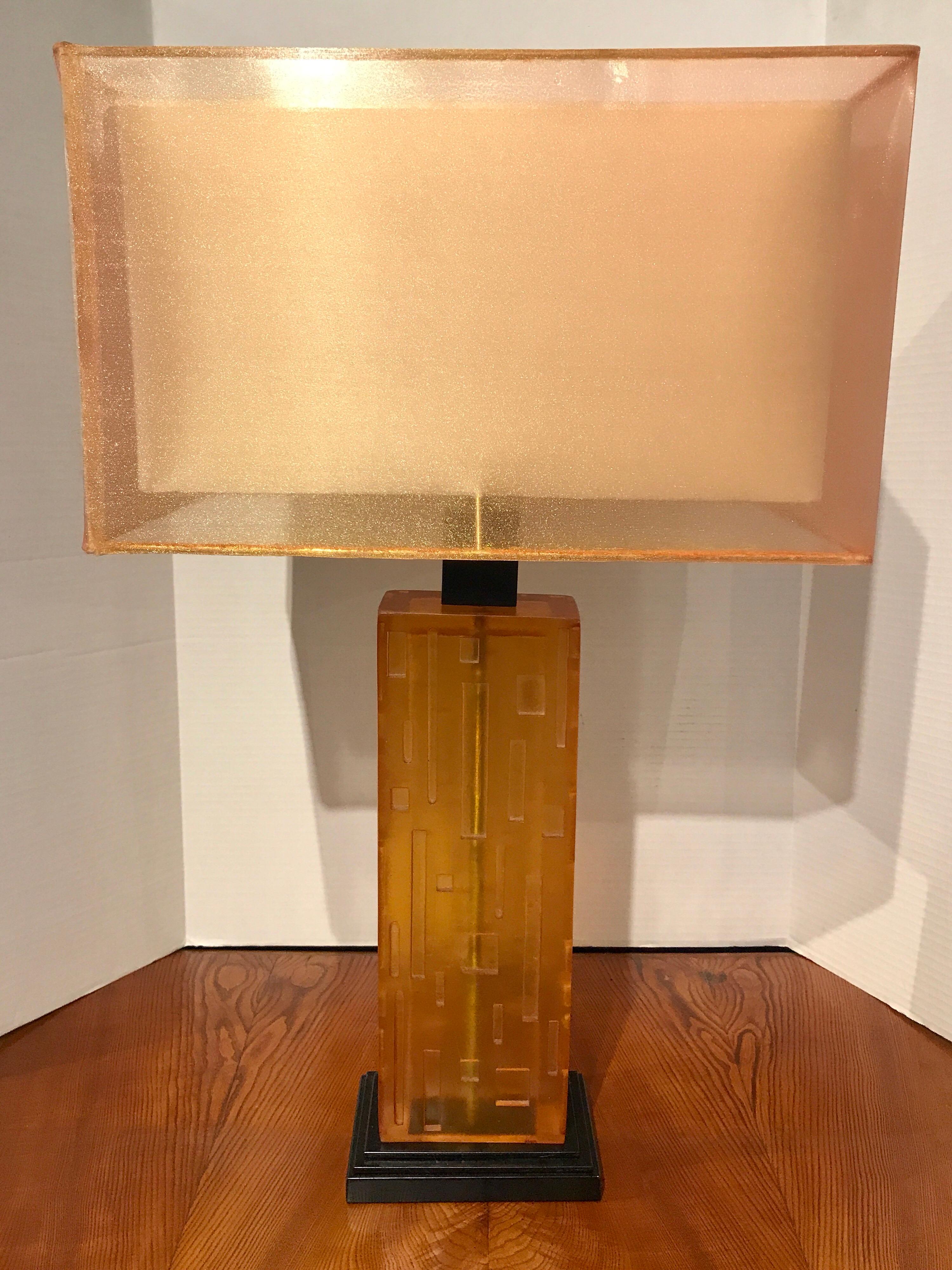 Pair of Cityscape Citrine Lucite Lamps with Custom Shades In Excellent Condition For Sale In Atlanta, GA