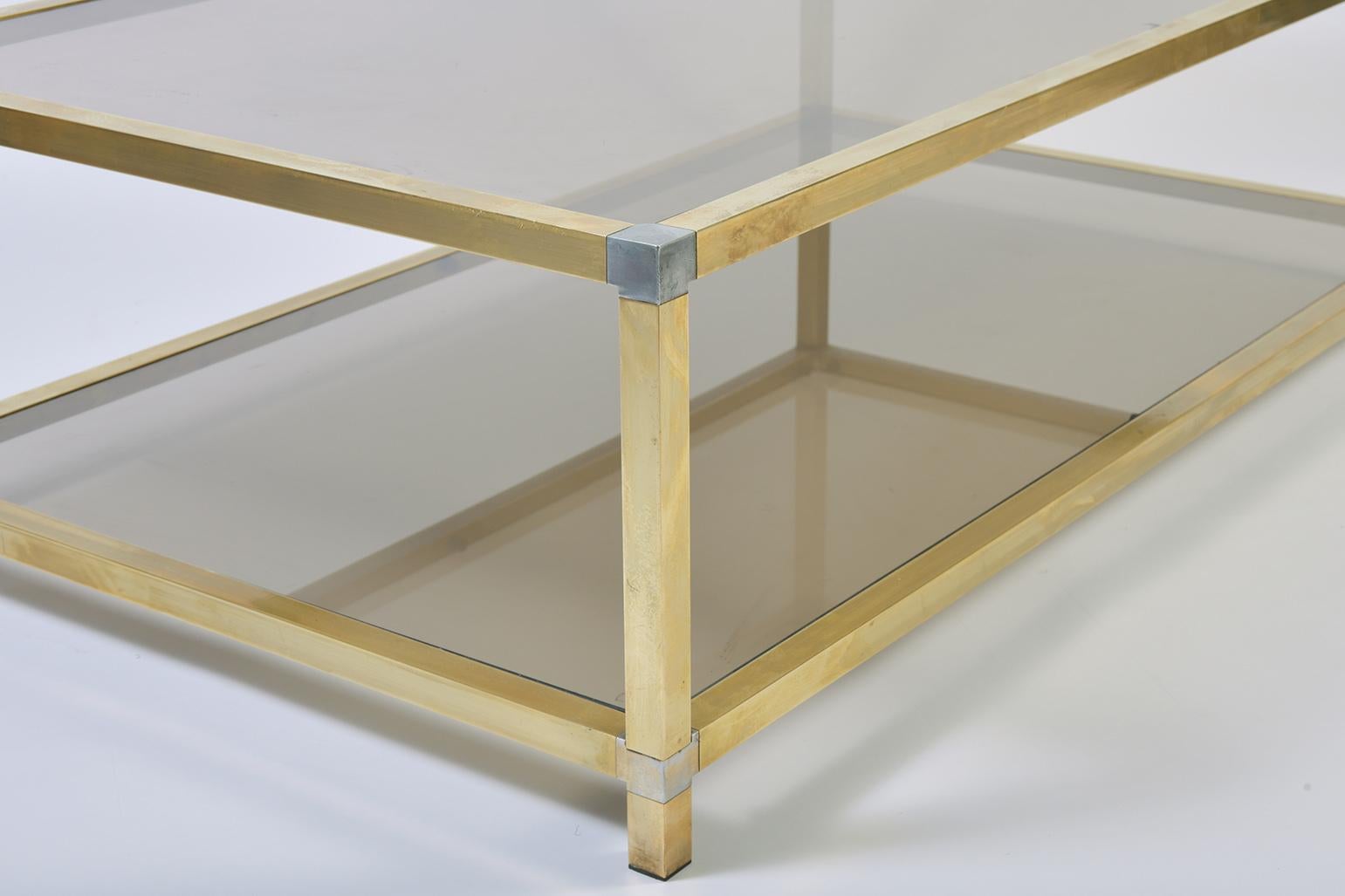 Large 1970s Brass and Smoked Glass Two-Tiered Coffee Table In Good Condition In London, GB