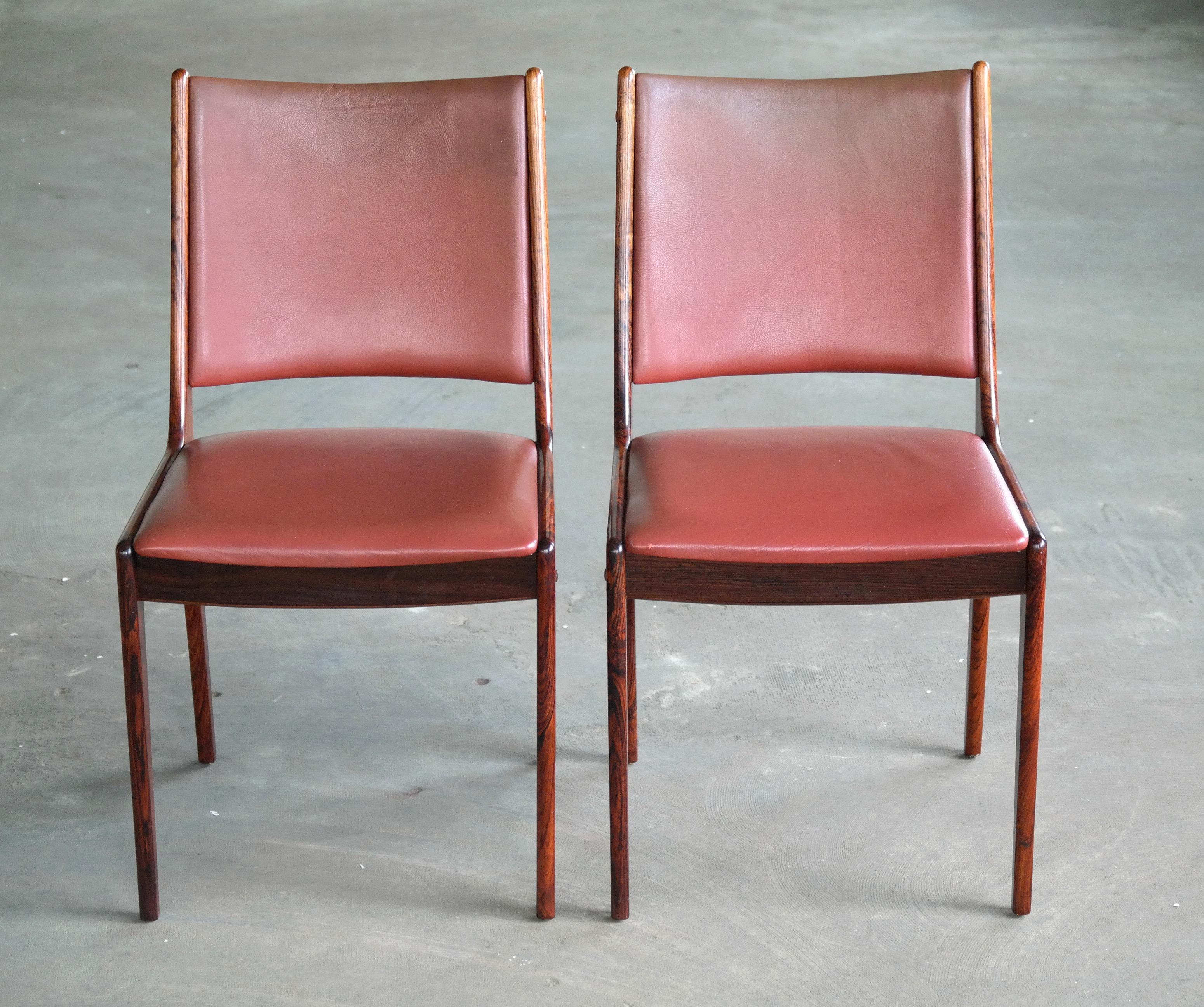 Mid-20th Century Set of Six Danish Dining Chairs in Rosewood and Leather by Johannes Andersen