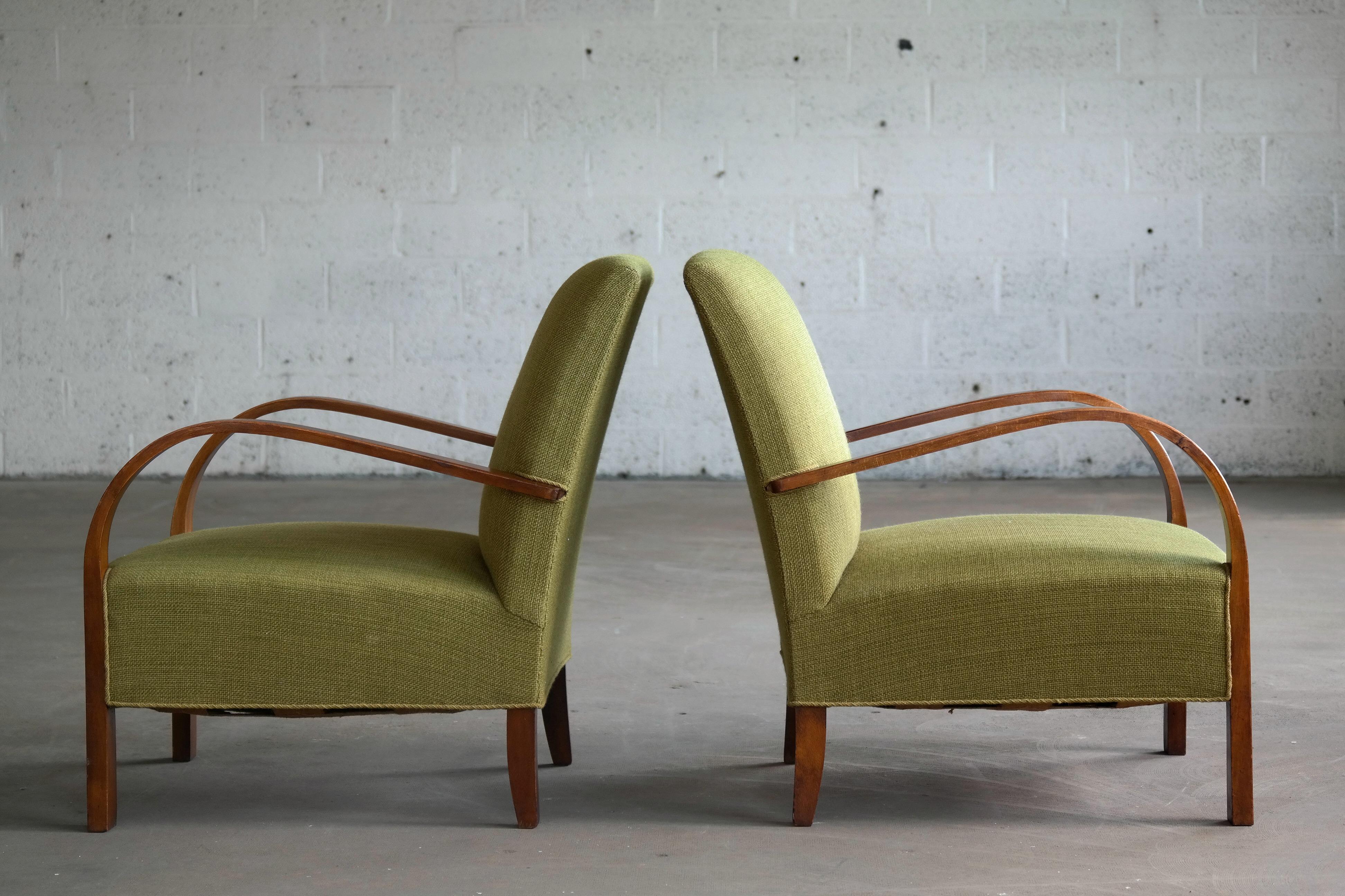 Wool Pair of Early Midcentury Danish Art Deco Low Lounge Chairs