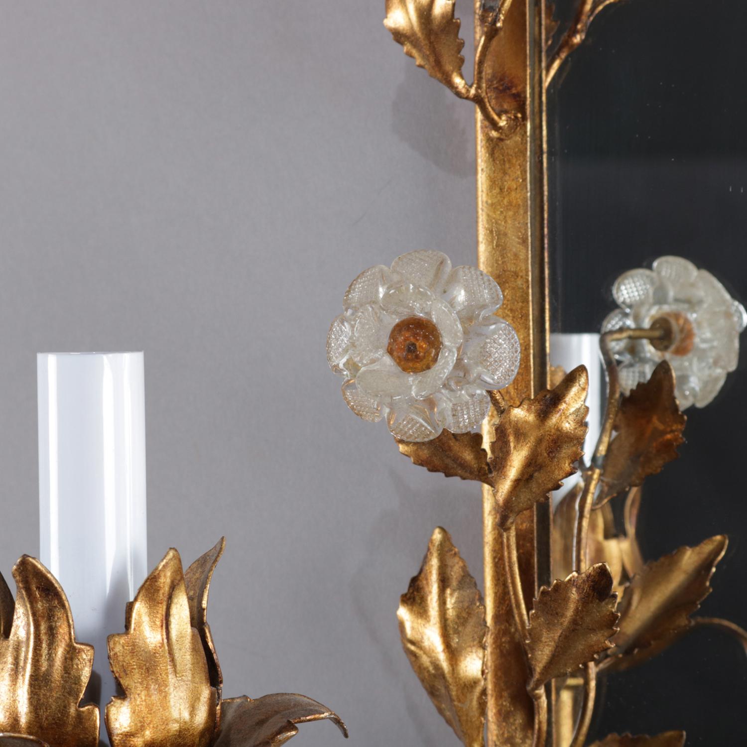 Vintage Italian Gilt Foliate & Crystal Double Candle Light Sconce Display In Good Condition In Big Flats, NY