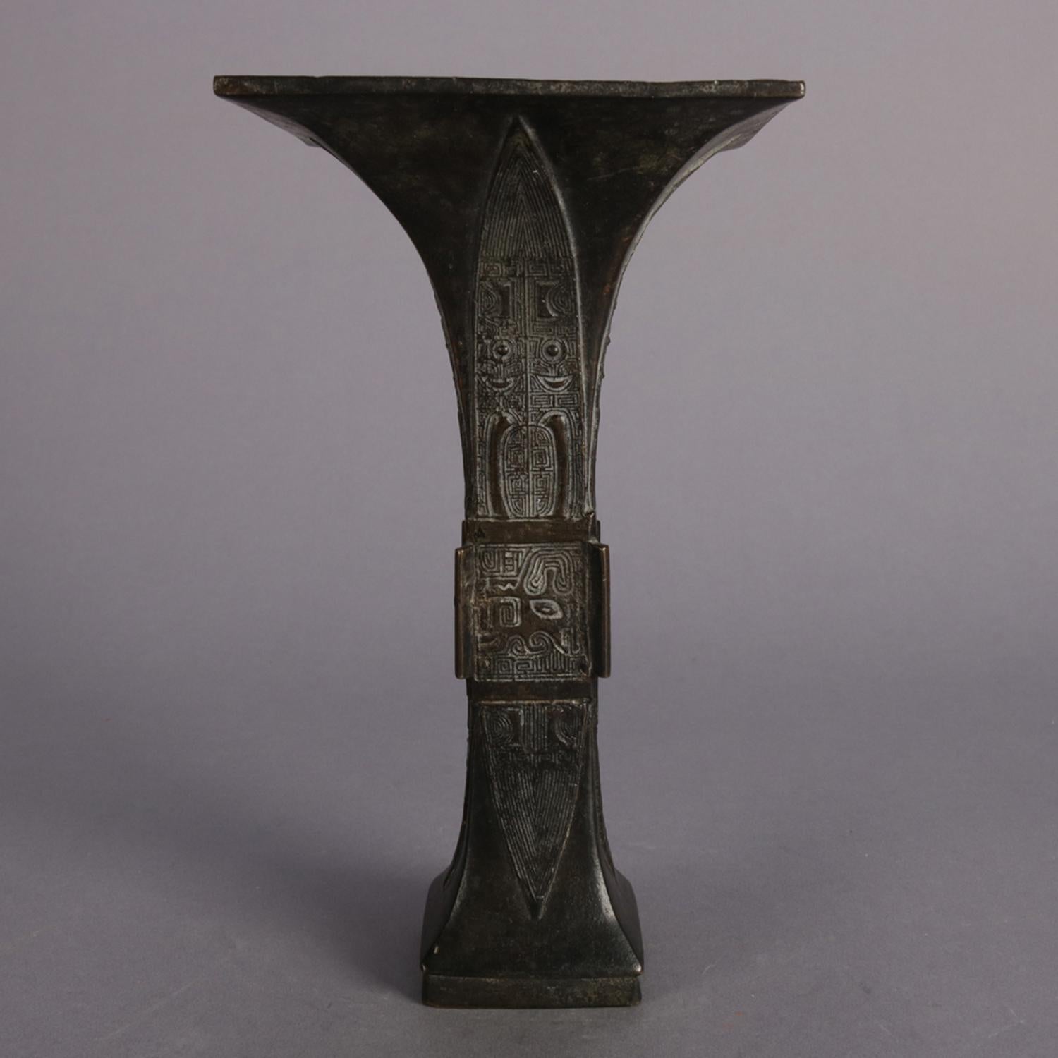 19th Century Antique Chinese Tribal Bronzed Flared Trumpet Form Vase with Symbols