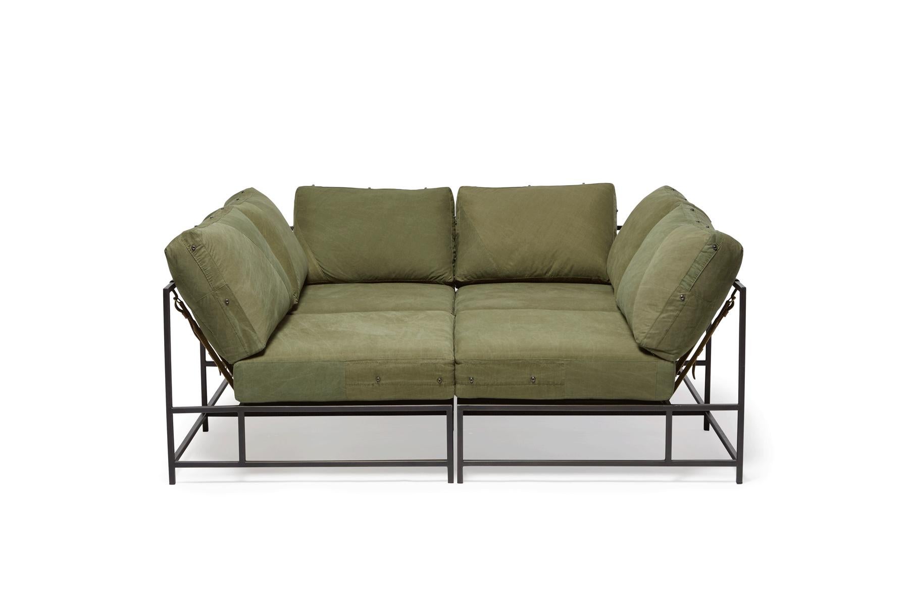 Modern Vintage Military Canvas and Blackened Steel Four-Seat Sectional For Sale