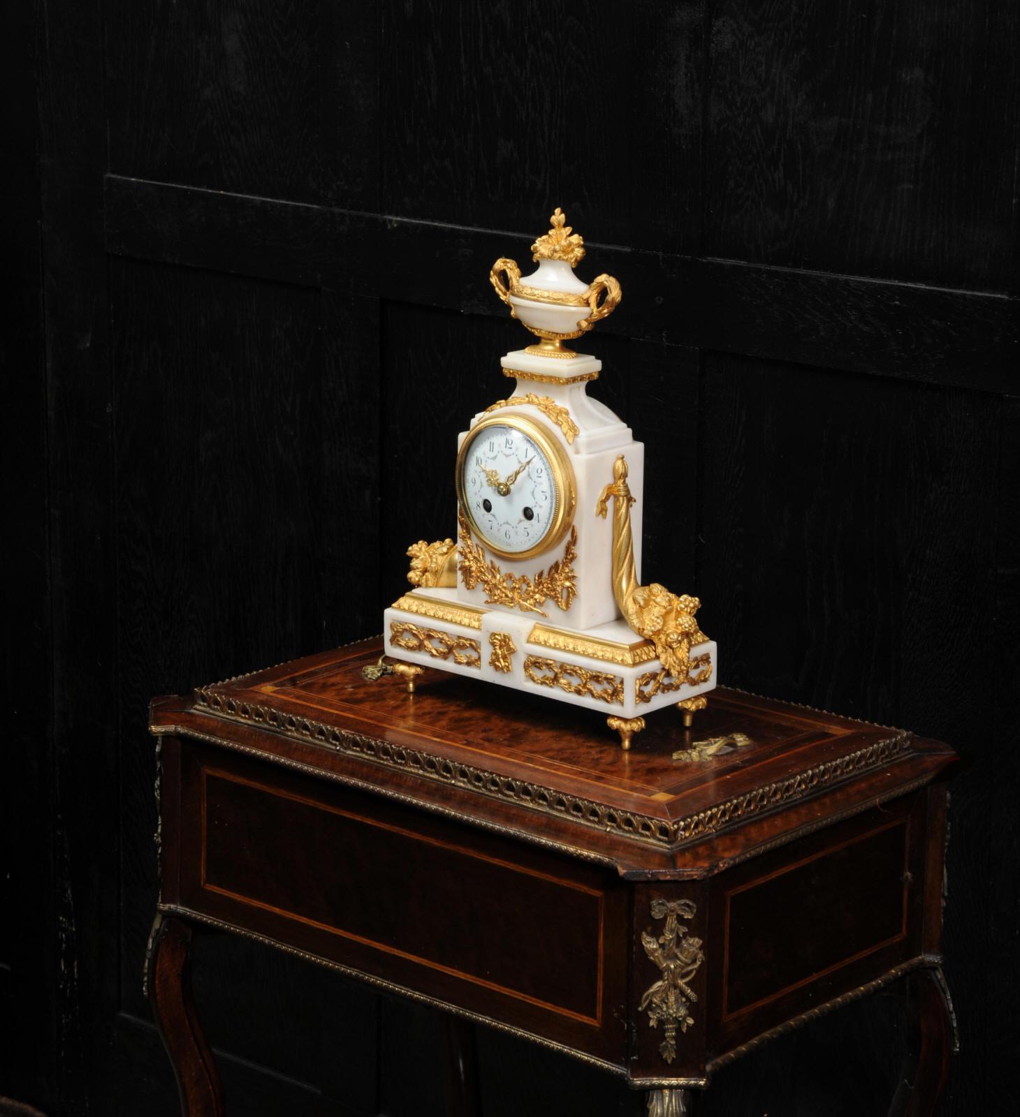 19th Century Antique French White Marble and Ormolu Boudoir Clock