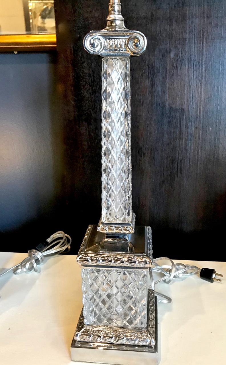 Pair of Cut Crystal Marbro Style Ionic Column Lamps In Good Condition In Pasadena, CA