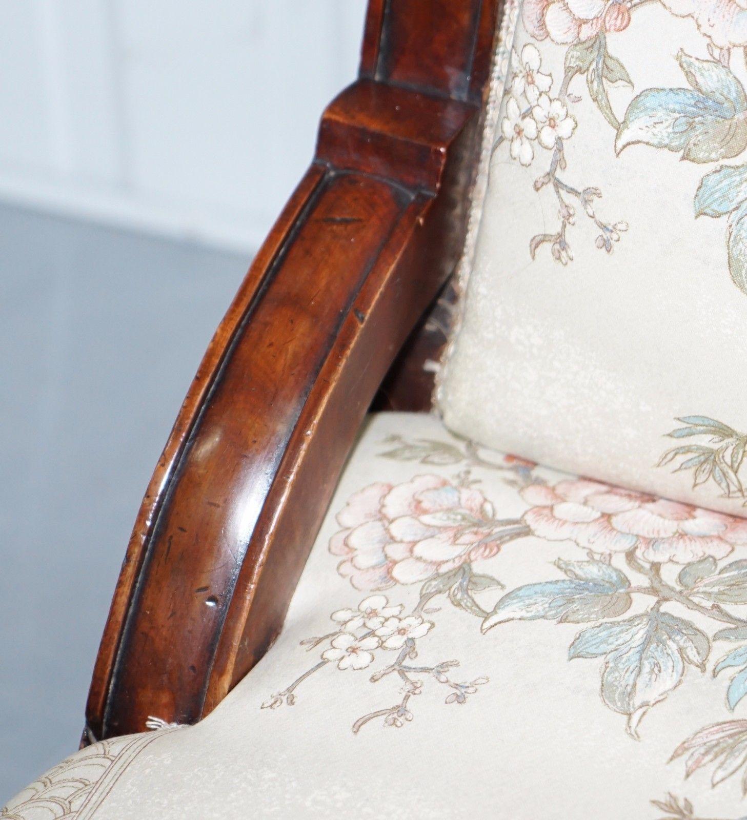 19th Century Victorian Mahogany Library Chair Part of Suite Satin Floral and Birds Upholstery