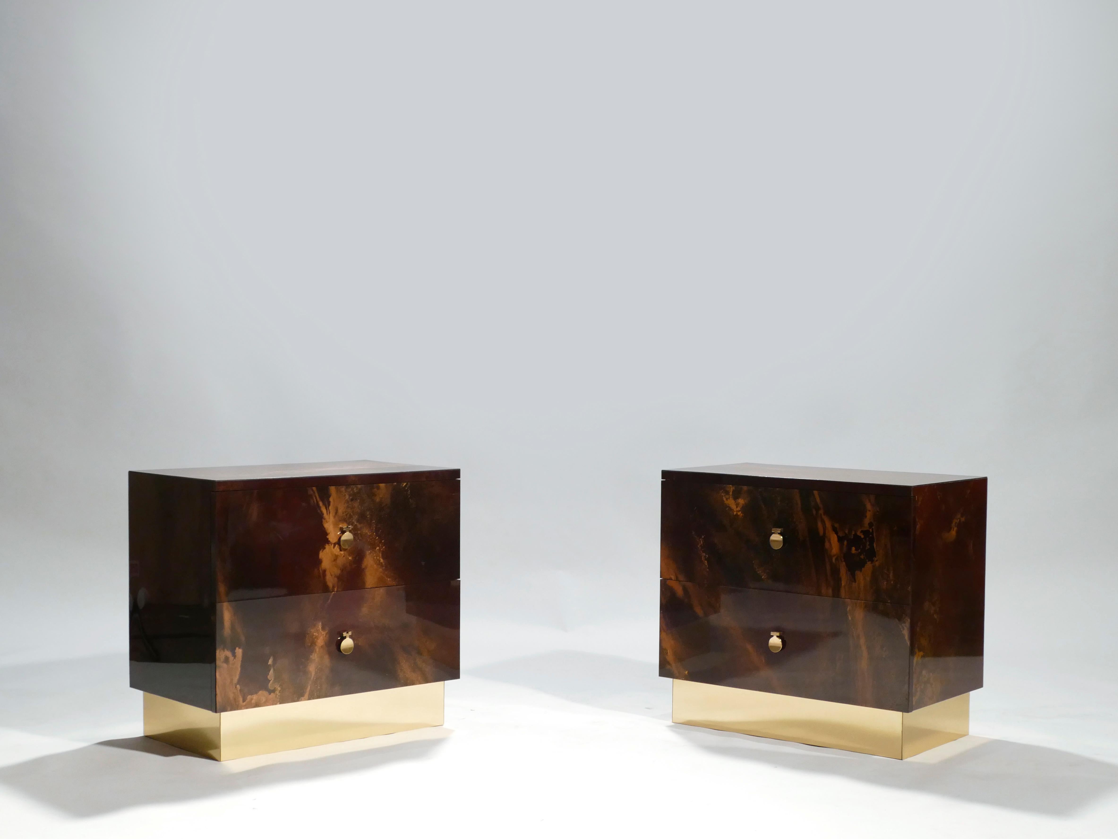 Lacquered Rare Golden Lacquer and Brass Maison Jansen End Tables, 1970s