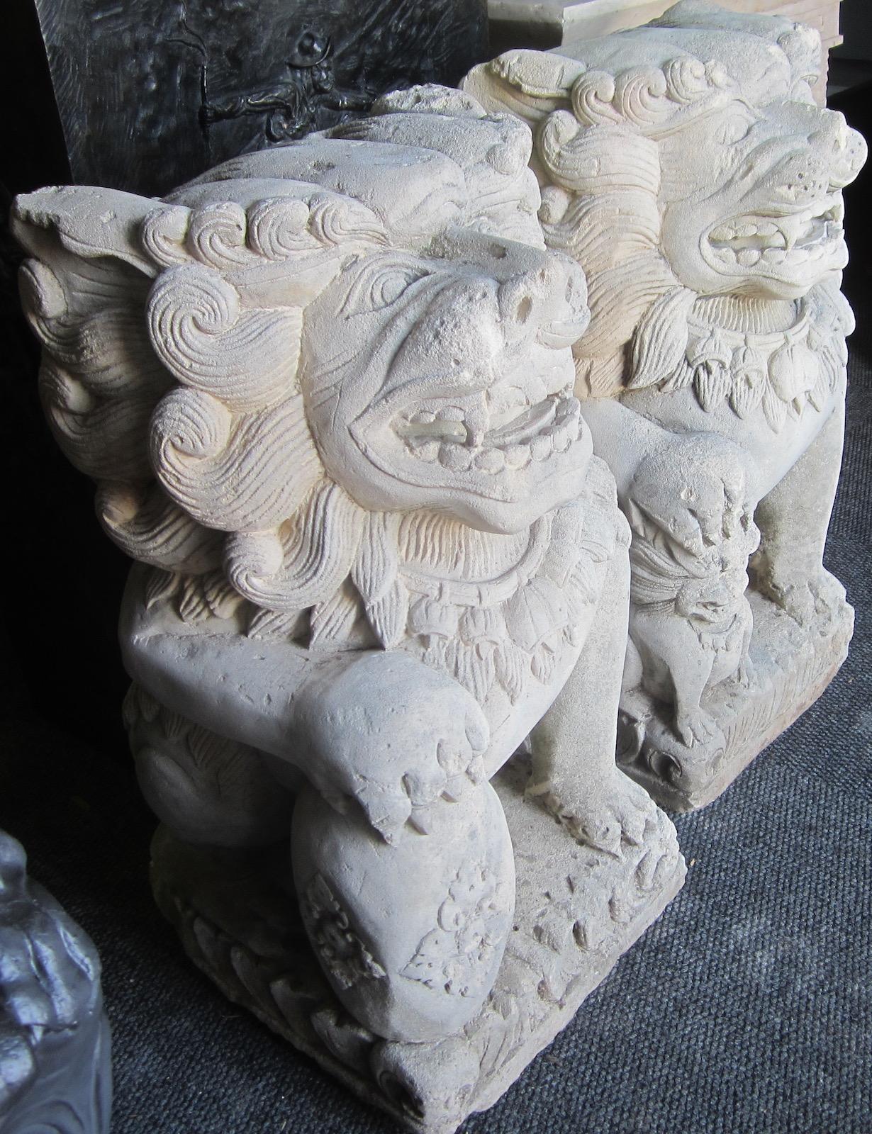 Pair of Balinese Limestone Lion Foo Dog Statues In Good Condition In Paradise Point, Queensland