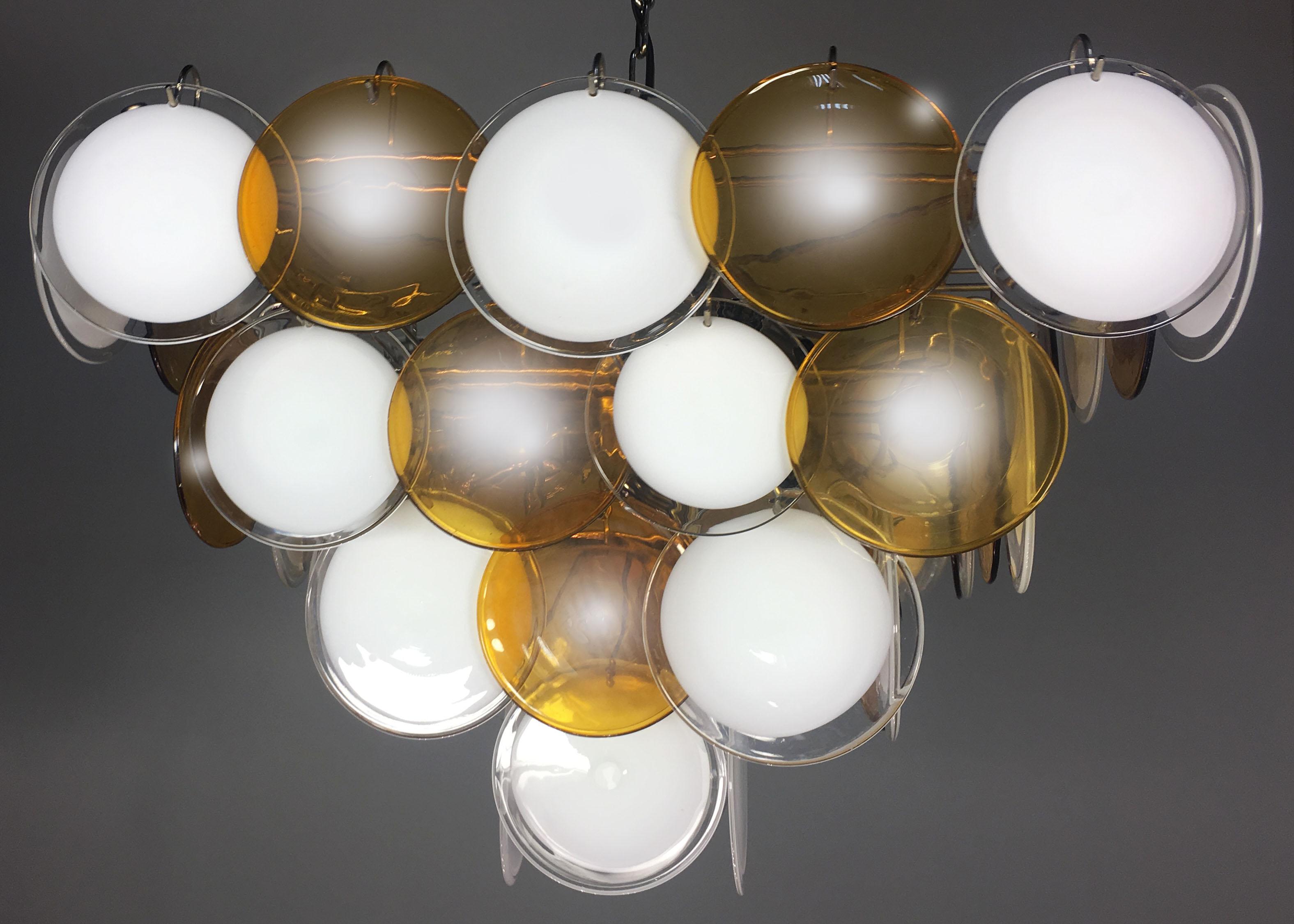 Metal Pair of Italian Disc Chandeliers by Vistosi, Murano, 1970s