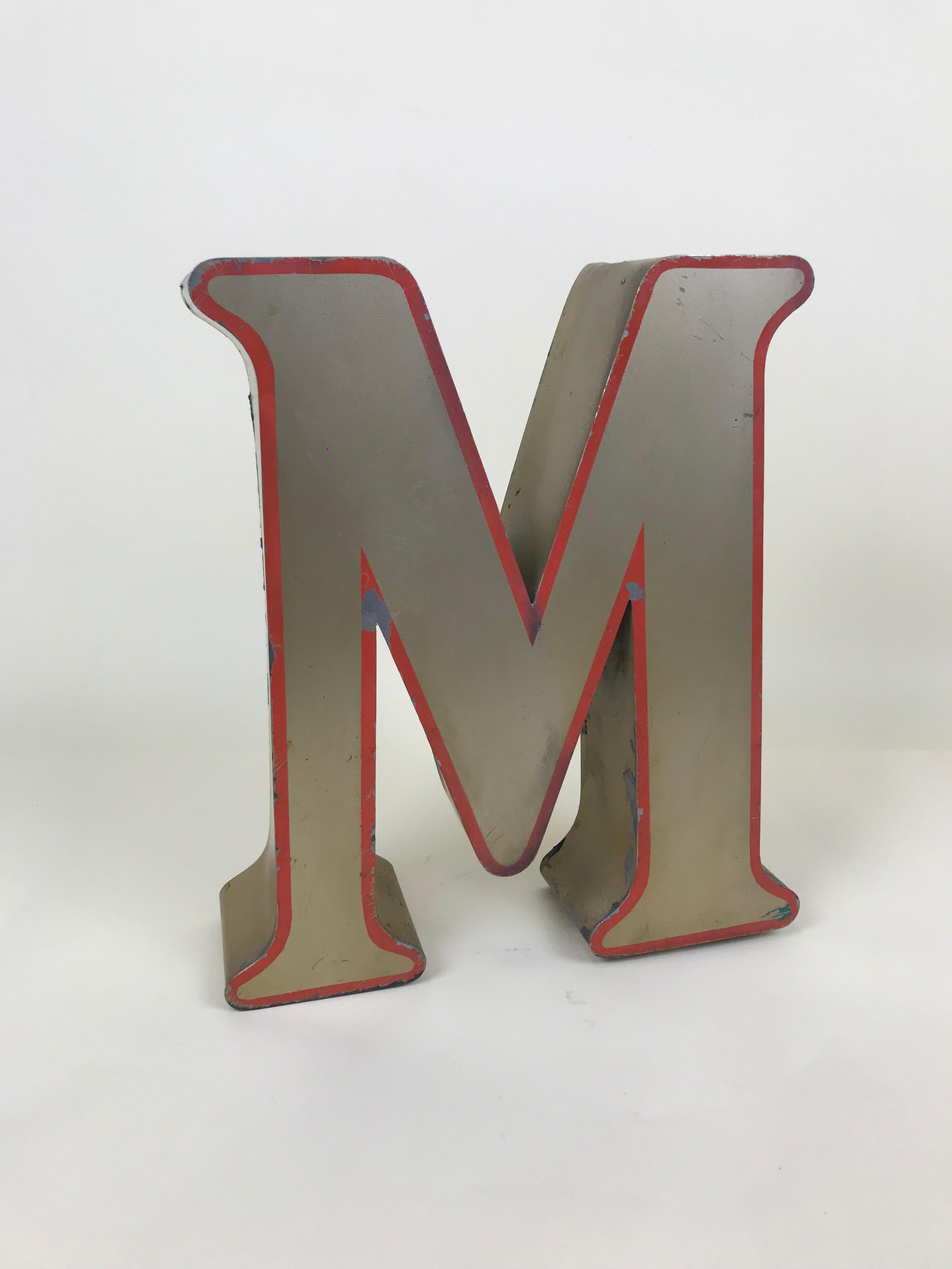 Late 20th Century 1970s Large English Vintage Metal Bronze Color Capital Letter M with Red Profile For Sale