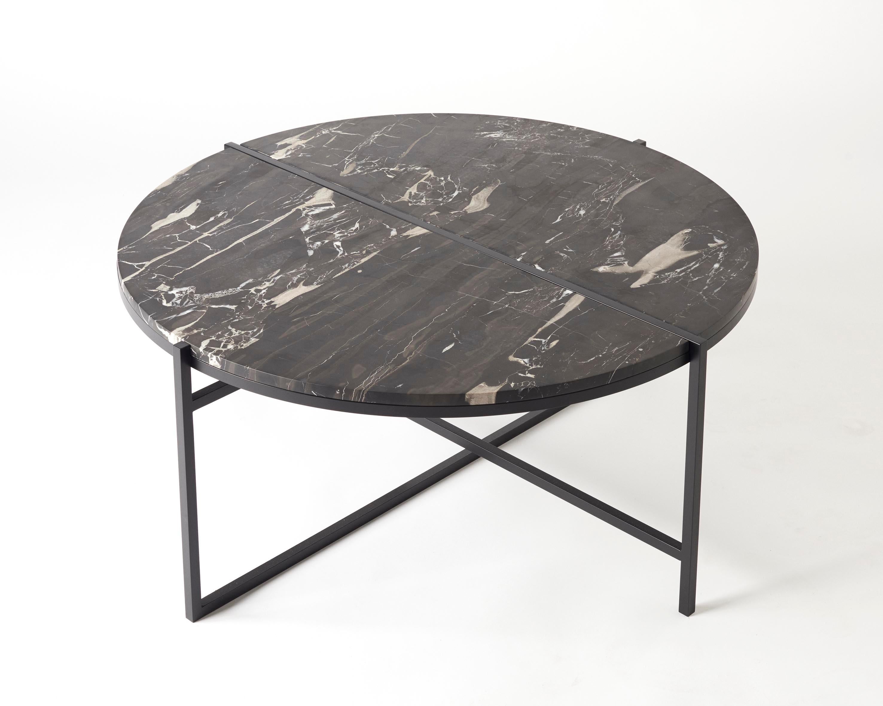 Polished Contemporary Coffee Table, Silver Black Marble, Minimalist, Modern, Unique For Sale