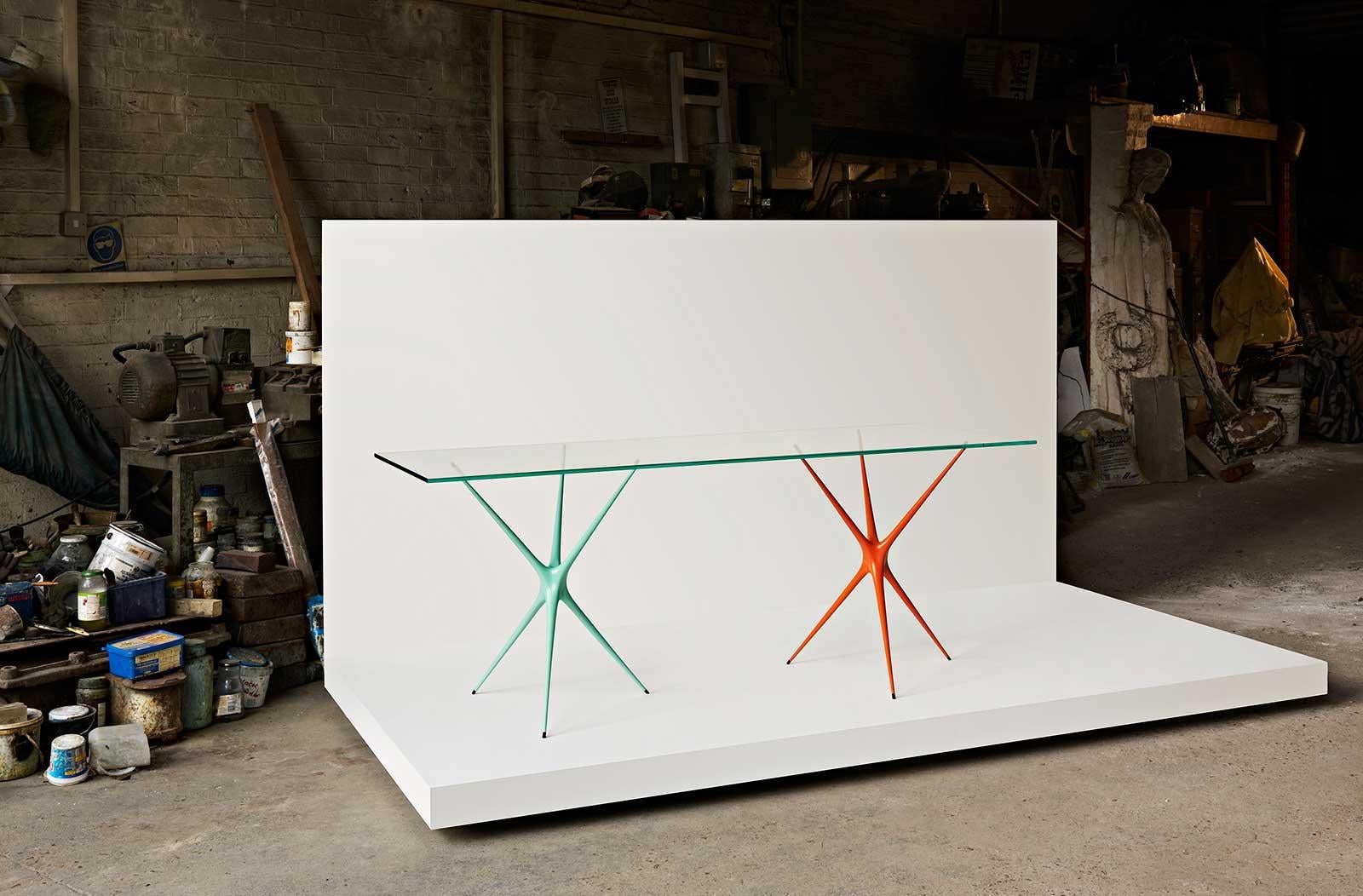Minimalist Supernova, Recycled Cast Aluminum Black Trestles & Glass Desk by Made in Ratio For Sale