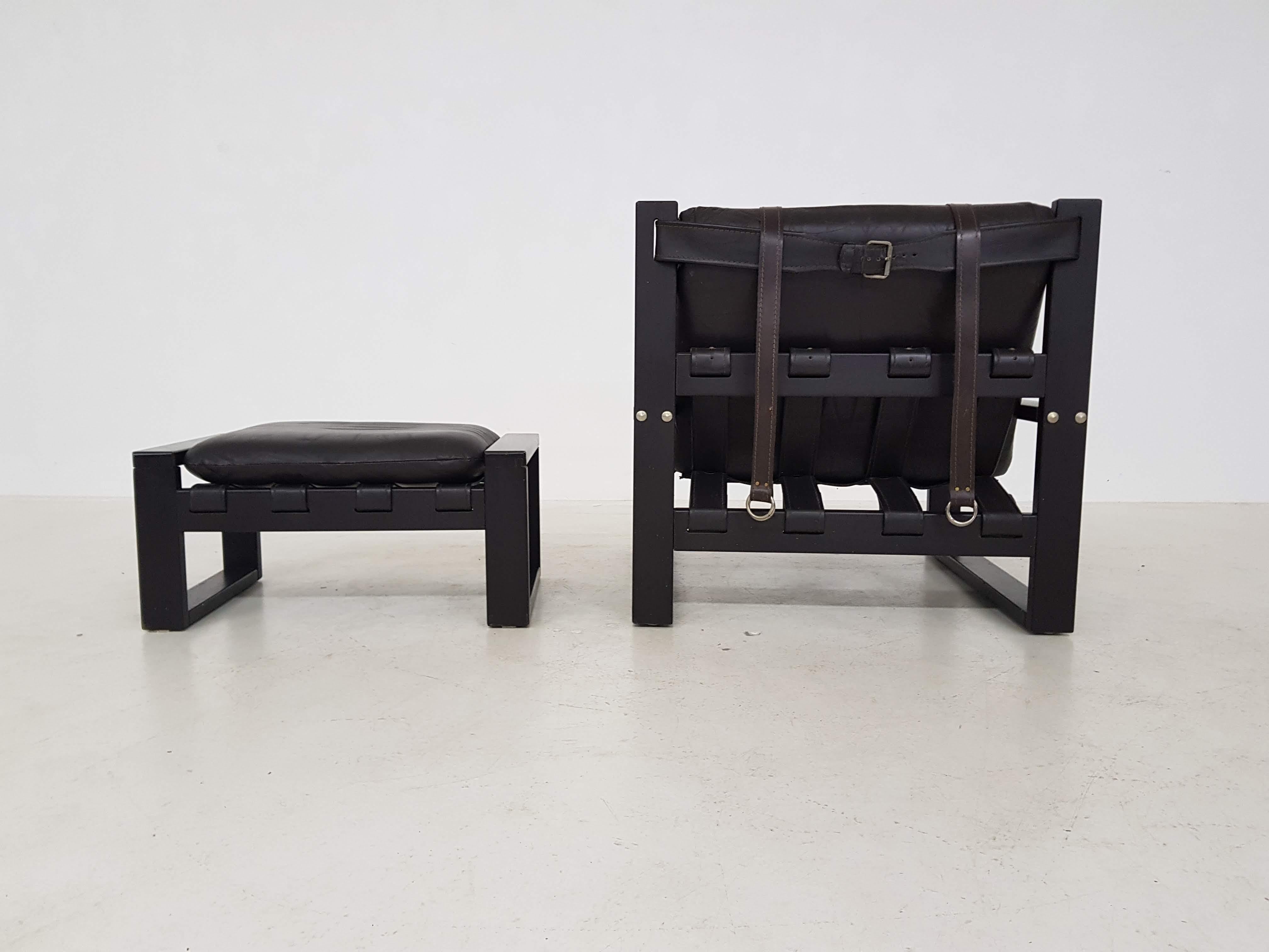 Leather Brutalist Lounge Chair and Ottoman by Sonja Wasseur, Dutch Design, 1970s