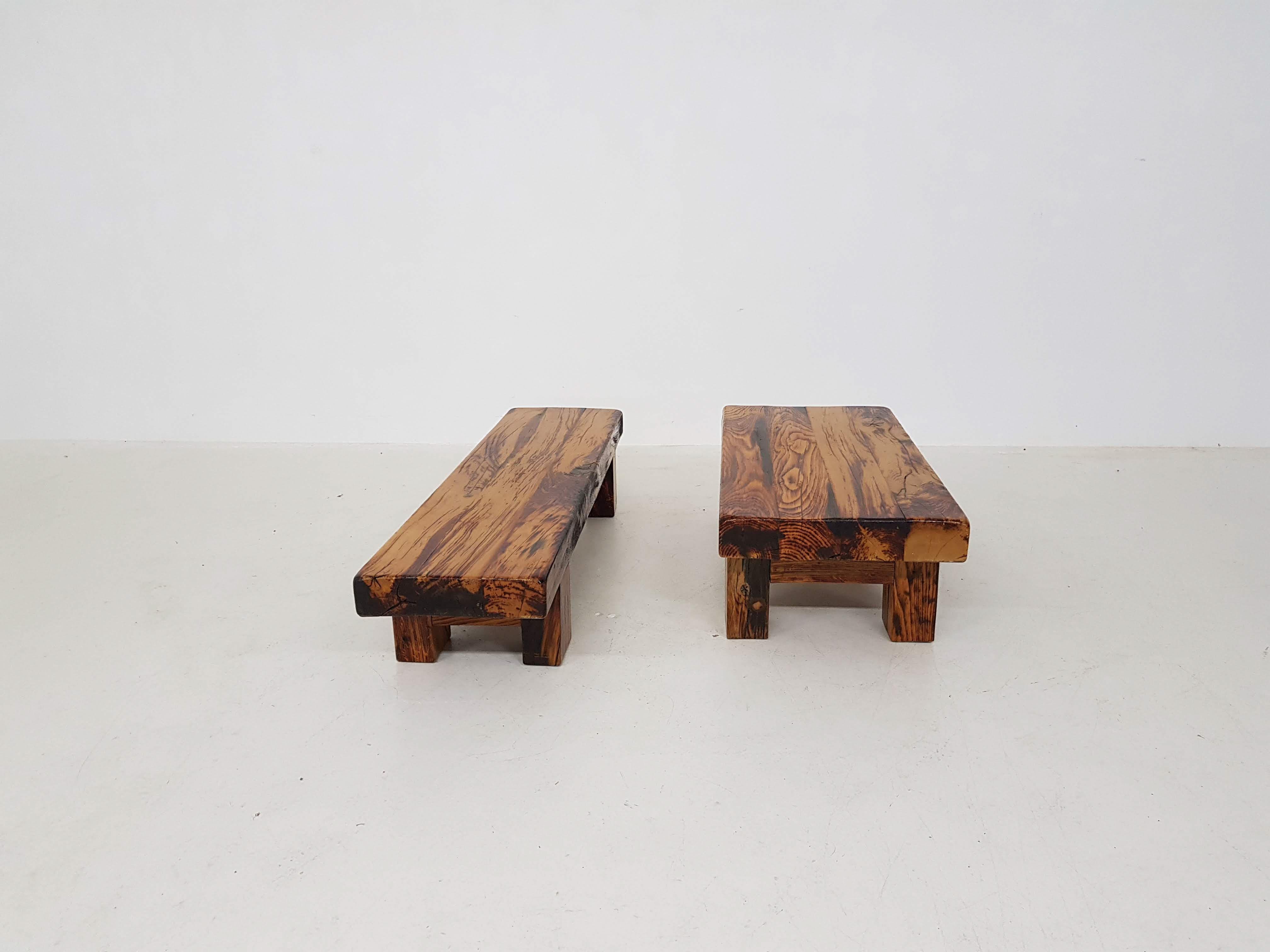 20th Century Two Charlotte Perriand Style Brutalist Solid Oak Benches or Tables, France 1950s