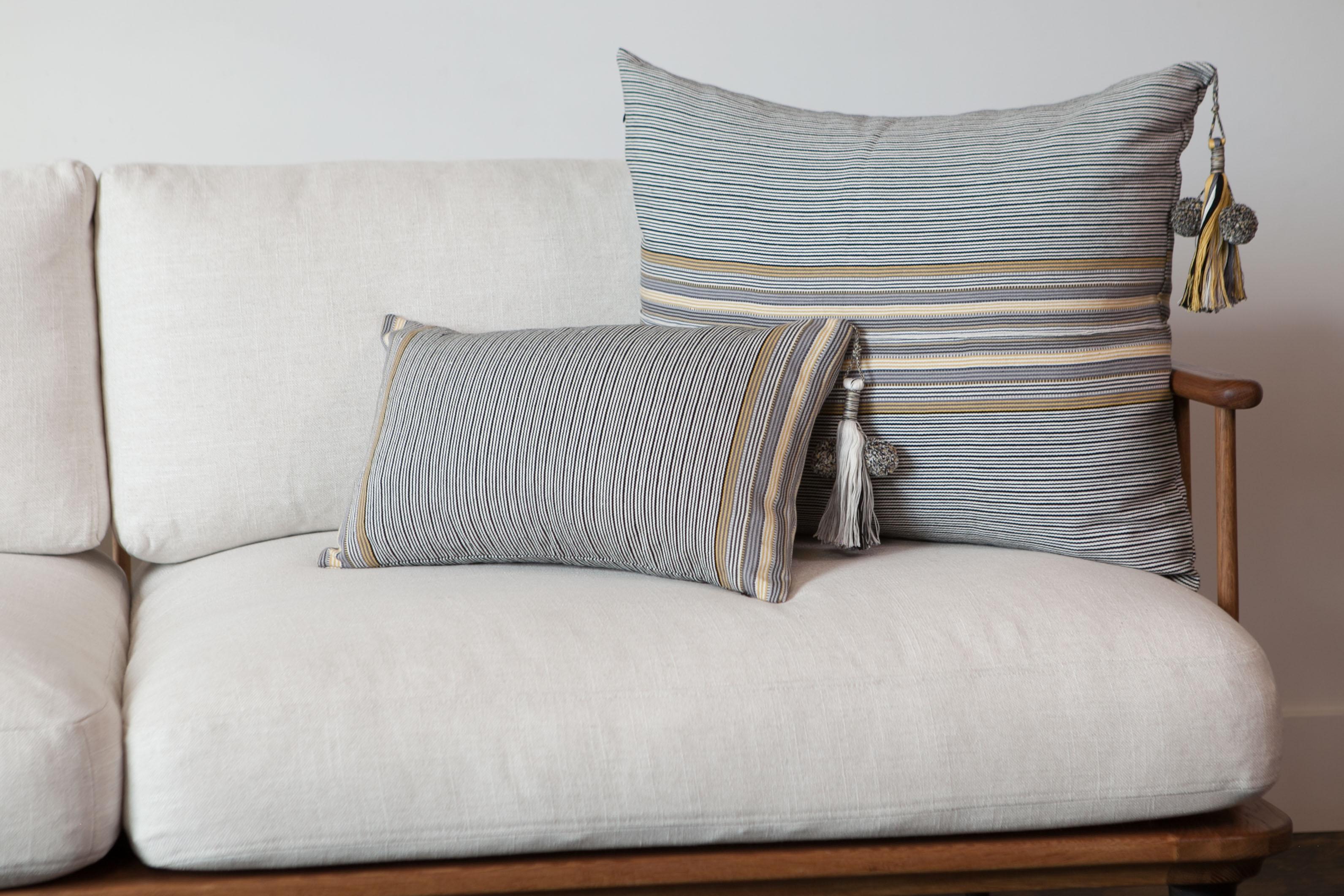 Handwoven Fine Cotton Throw Lg Pillow in Thin Grey Stripe with Tassel, in Stock In New Condition For Sale In West Hollywood, CA