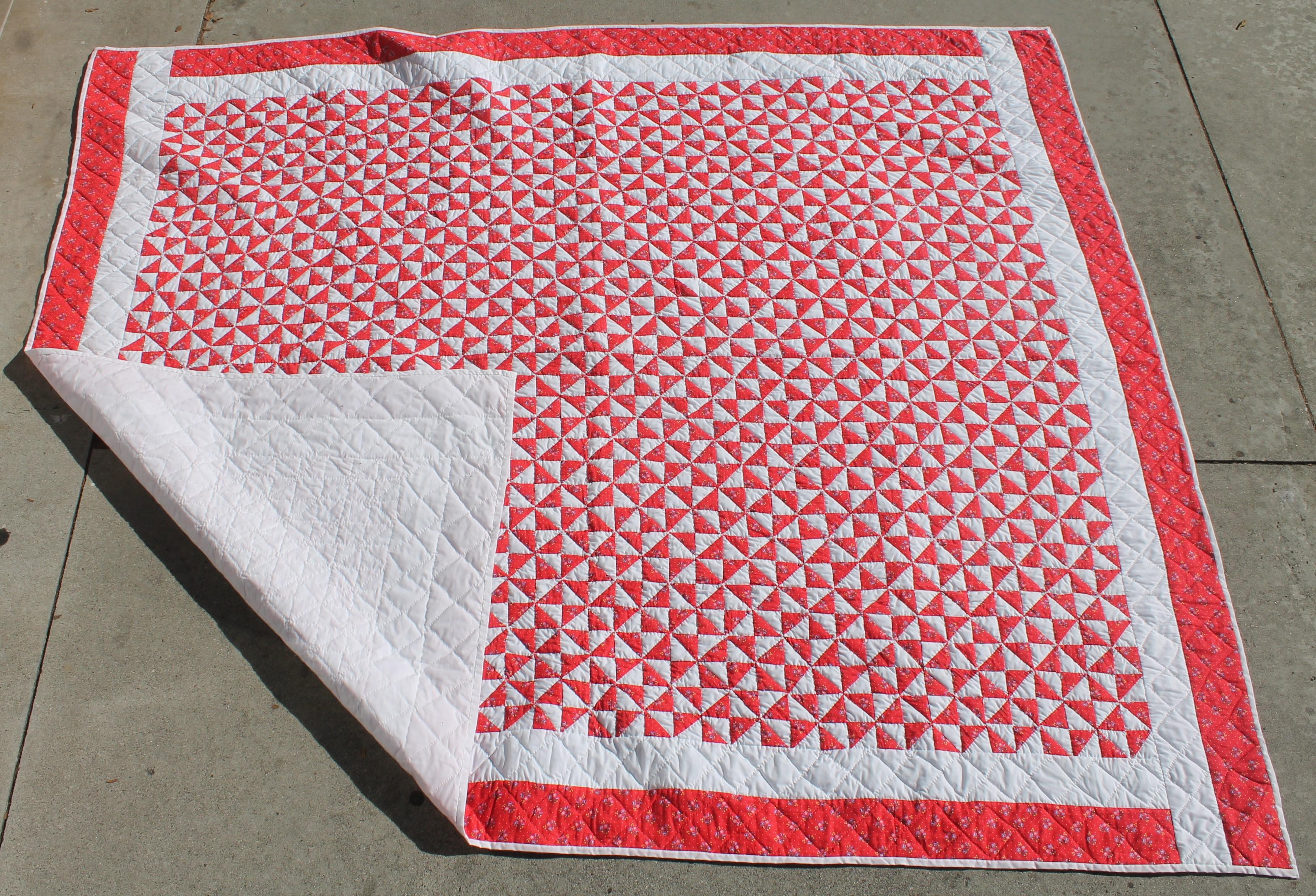 Hand-Crafted Antique Quilt - 20th Century Mini-Triangles Quilt Red and White