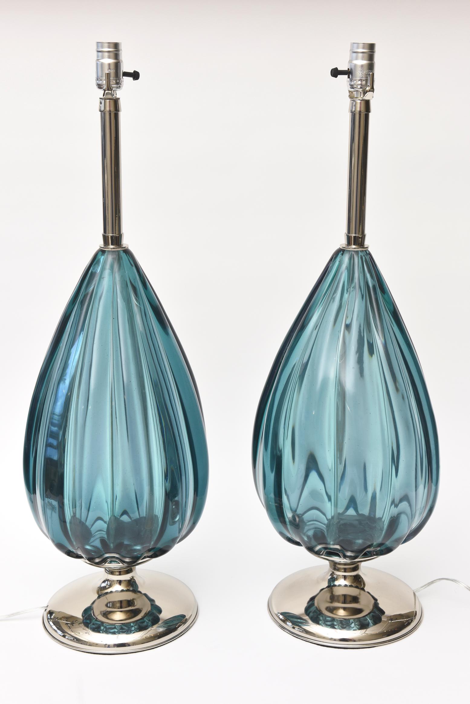  Murano Archimede Seguso Sapphire Glass and Nickel Silver Lamps Pair Of In Good Condition In North Miami, FL