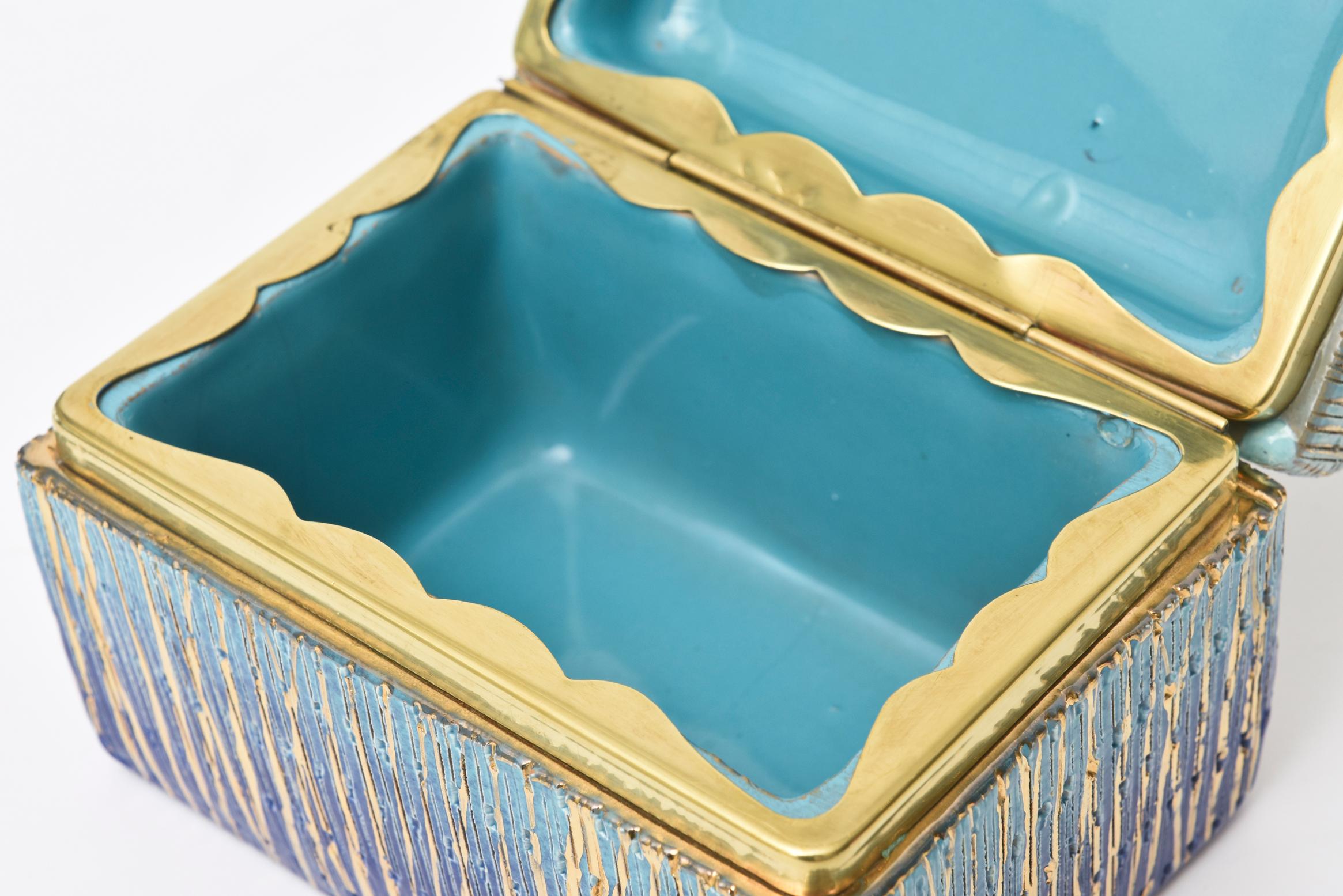 Italian Mid-Century Modern Bitossi Glazed Ceramic, Gold and Brass Hinged Box 1