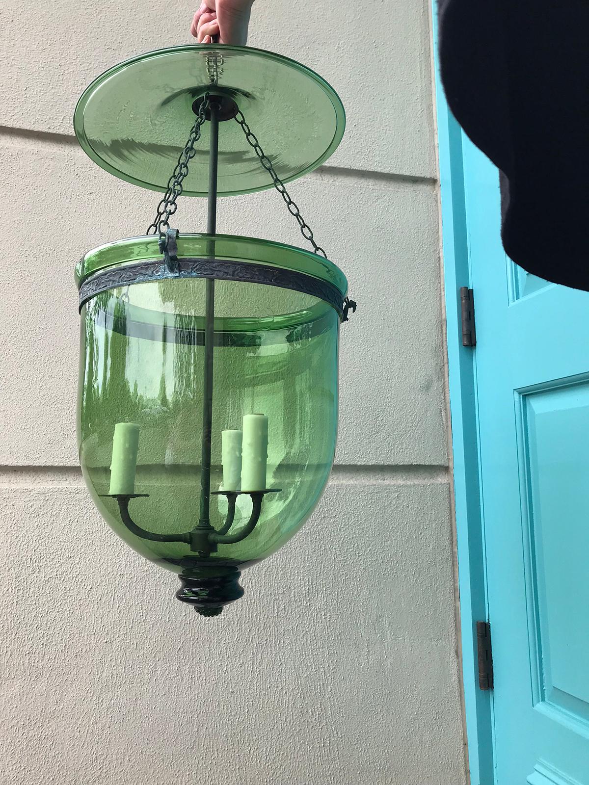 Rare Pair of Green 19th Century George I Style English Hanging Bell Jar Lanterns 1