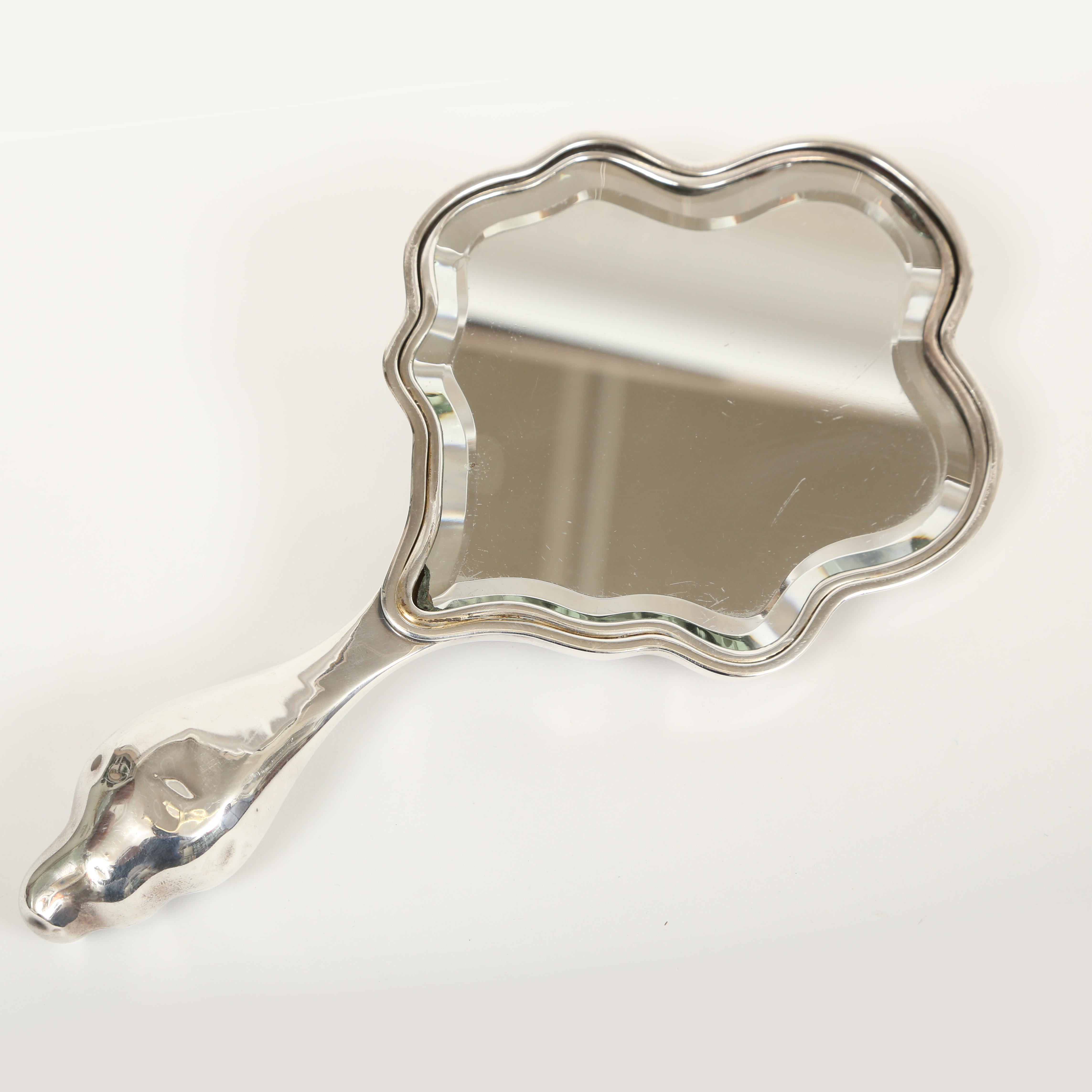 Beveled Shiebler Art Nouveau Sterling Silver Rose Pattern Hand Mirror