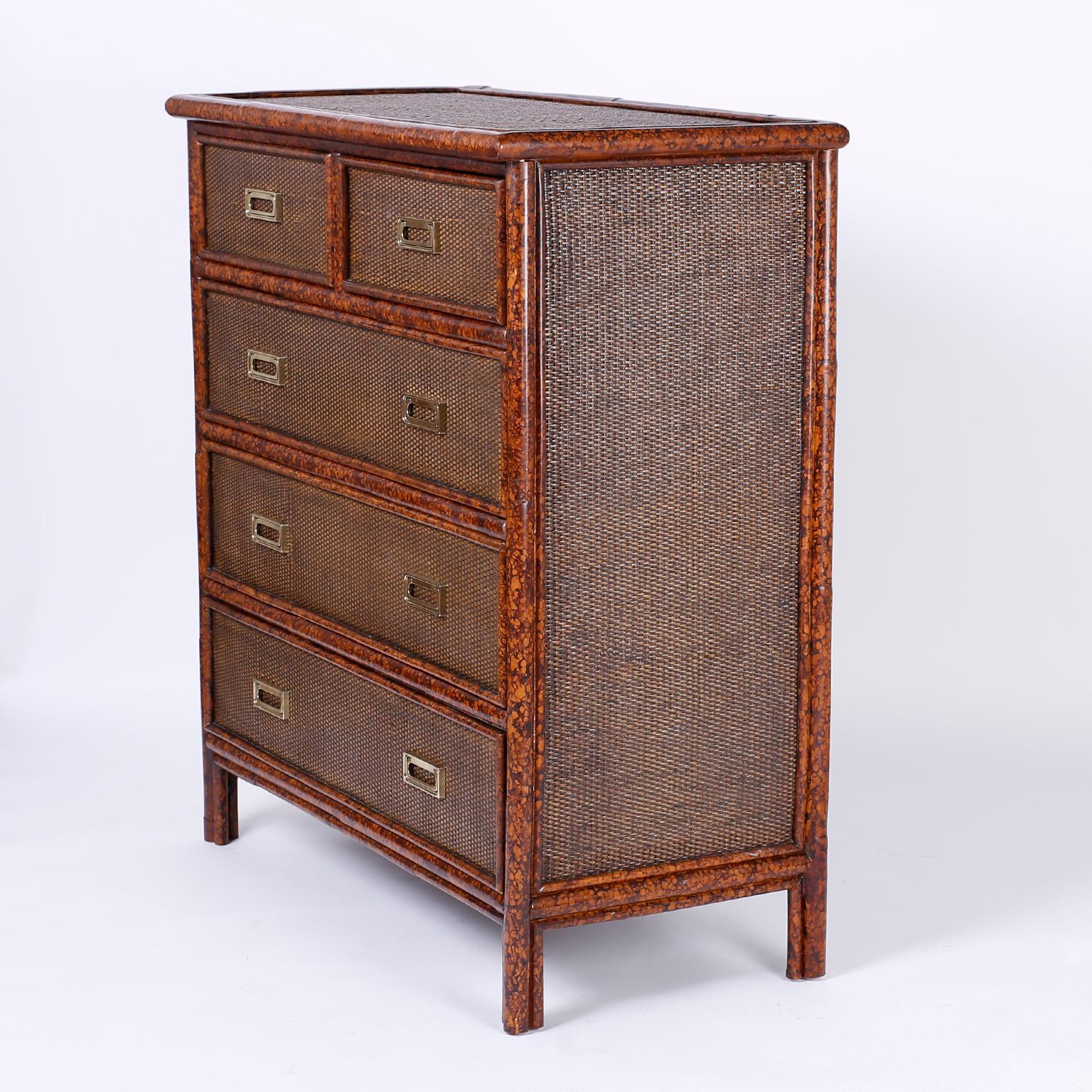 British Colonial Style Grass Cloth Chest of Drawers In Excellent Condition In Palm Beach, FL