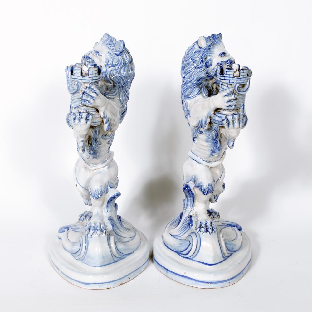 Silvered Pair of 19th Century Galle Faience Lion Candleholder with Silver Candelabra For Sale