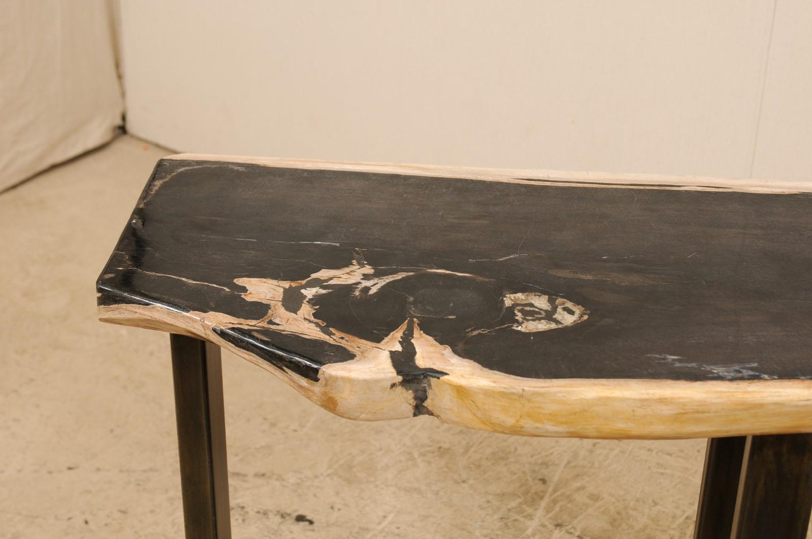 Contemporary Polished Petrified Wood Top Console or Sofa Table with Modern Metal Base For Sale