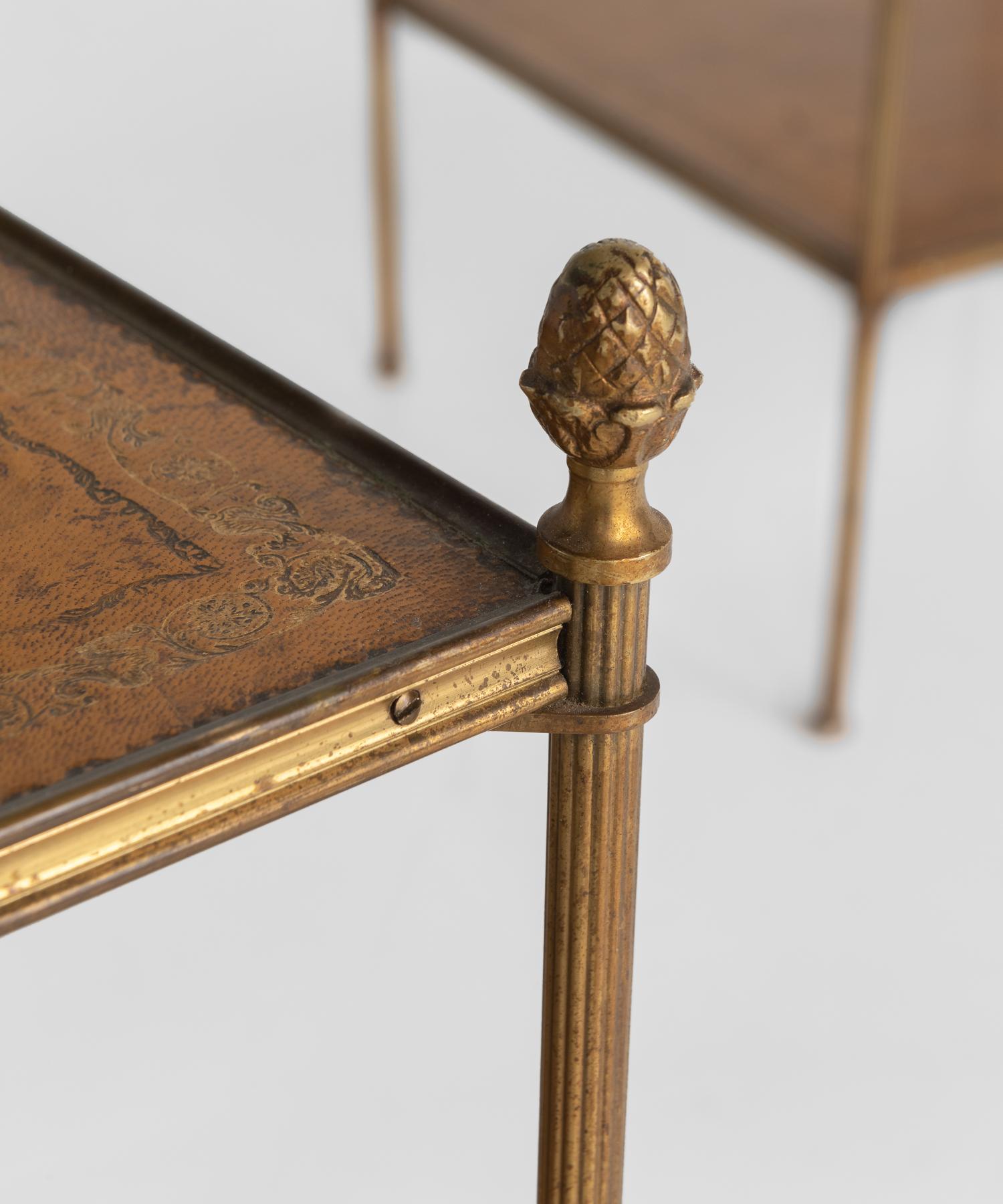 Mid-20th Century Pair of Brass and Leather End Tables, circa 1930