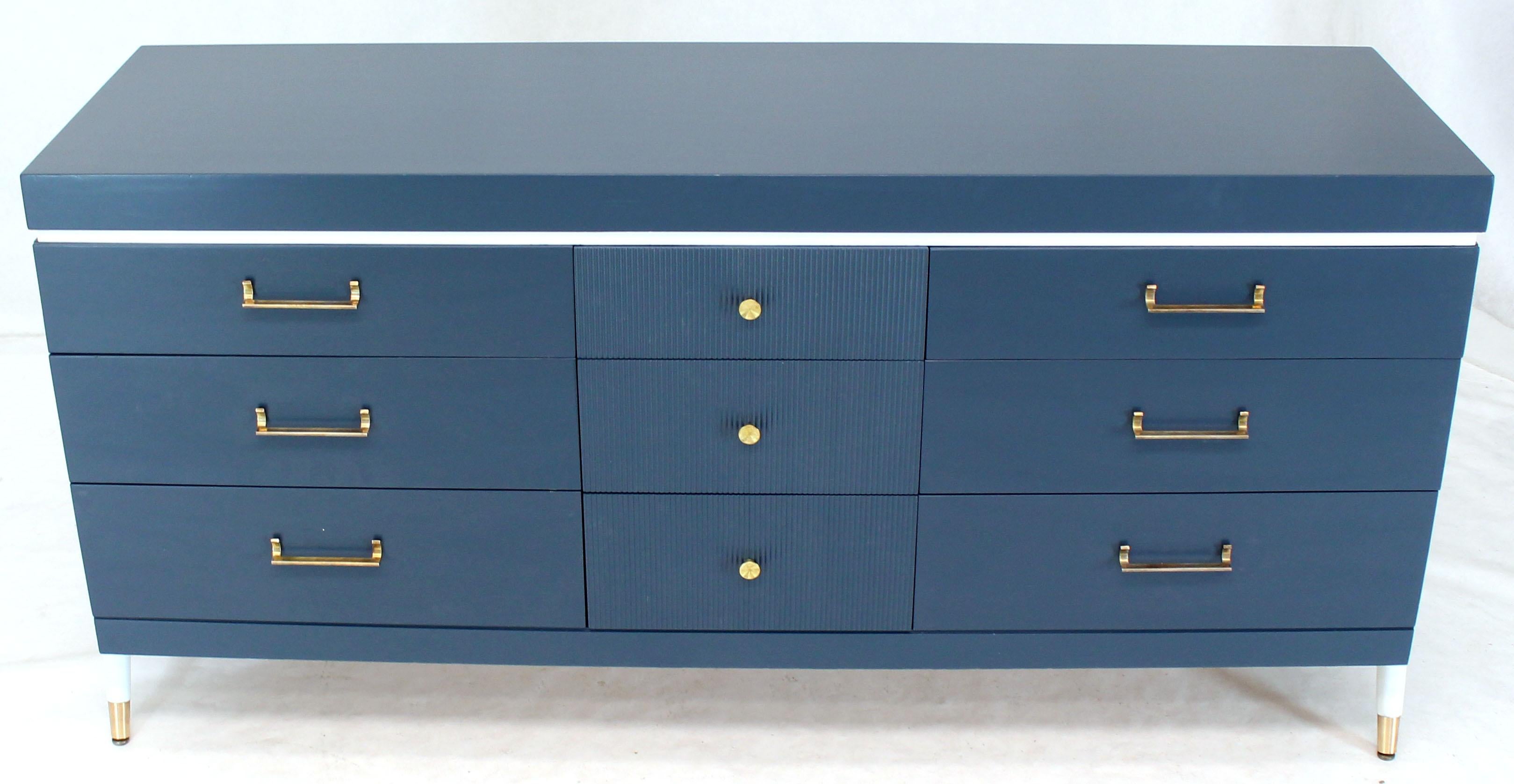 Painted White and Blue Exposed Sculptural Compass Shape Legs Nine Drawers Dresser